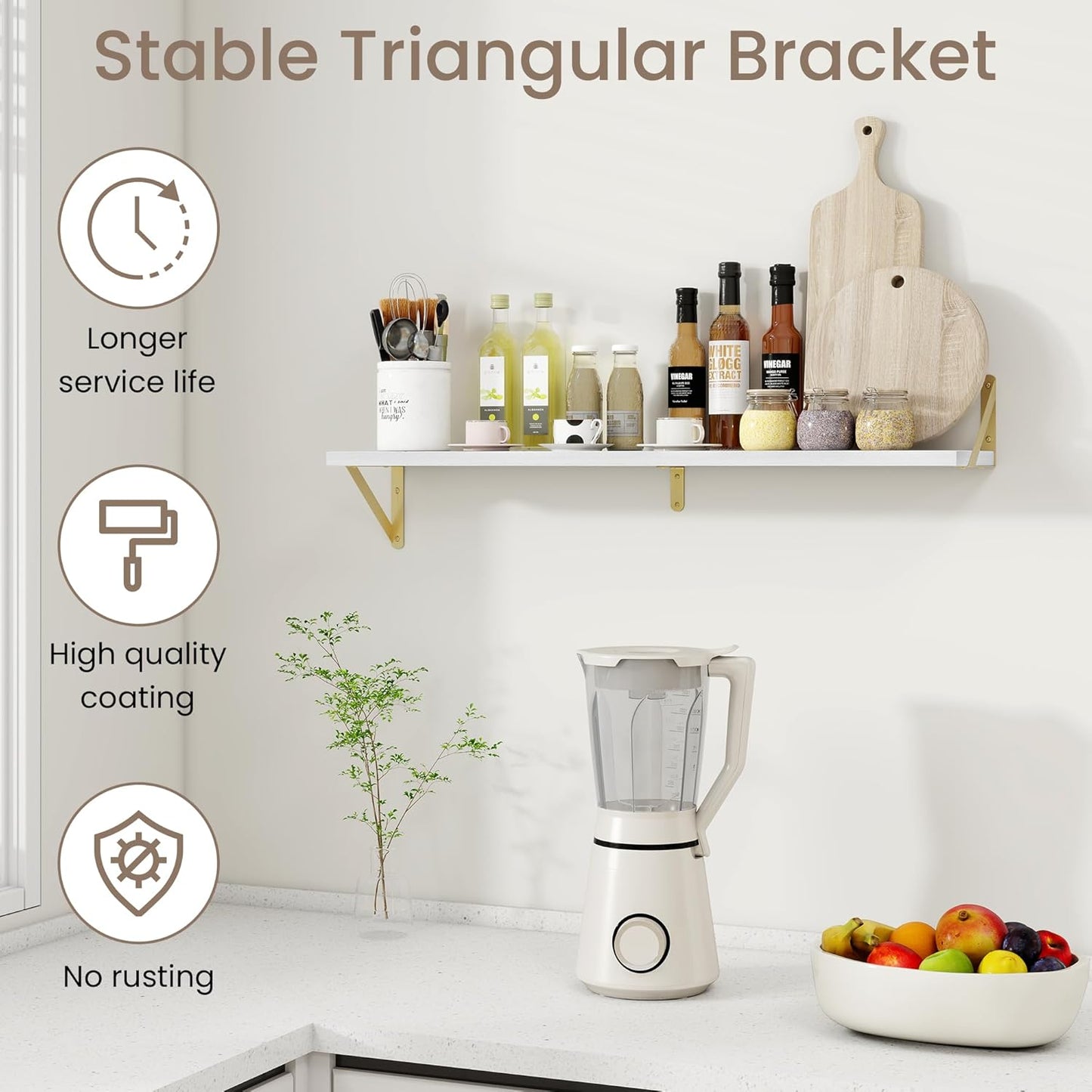 Deep Floating Shelves for Wall, 36W x 8D Wall Mounted Shelves Set of 2, Wide Display Ledge Shelf with Sturdy Metal Brackets for Living Room, Bathroom, Bedroom and Kitchen, White with Gold Brackets