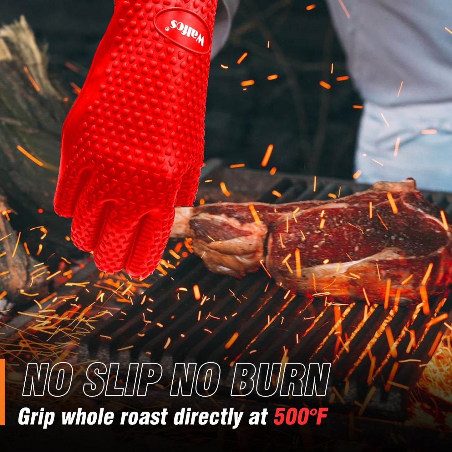 Walfos Silicone BBQ Gloves - Heat Resistant Grilling Gloves, Premium Non-Slip Kitchen Silicone Oven Mitt with Protective Cotton Layer Inside, Waterproof, Great for Grilling, Kitchen and Cooking, Red
