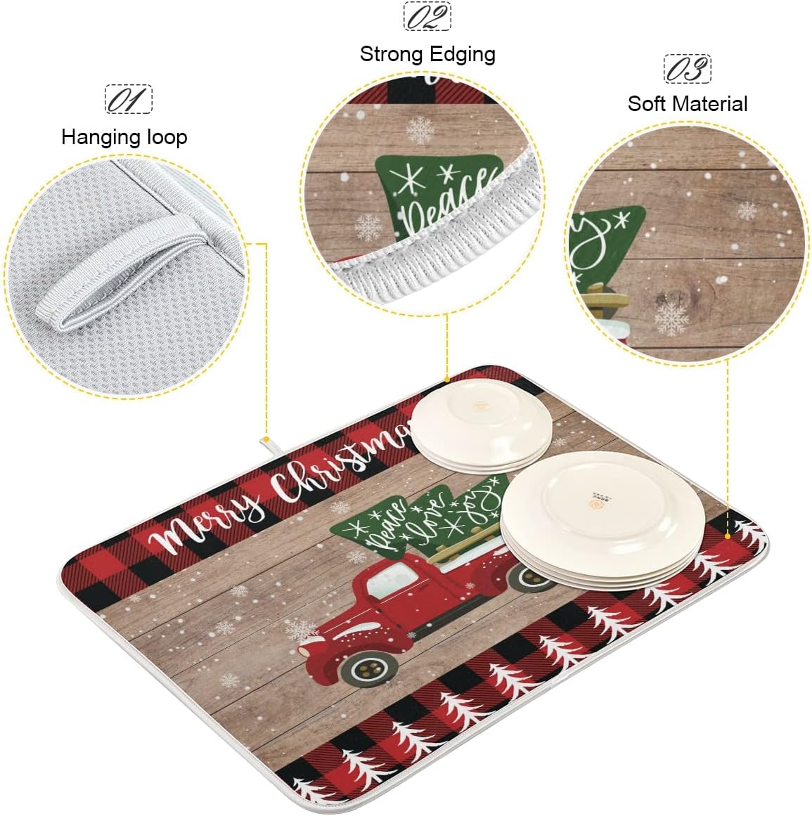 Christmas Dish Drying Mat 18 x 24 Inch with Hanging Loop High Absorbent Reversible Microfiber Red Truck Buffalo Check Plaid Dish Mat Dish Drying Pad Dish Rack Pad Drainer Mat Counter Mat