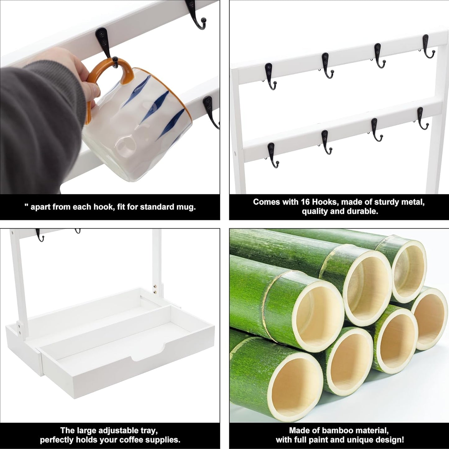 MinBoo Coffee Mug Cup Stand Bamboo Counter Top with 16 Hooks 2 Tier Coffee Mugs Tree with Coffee Pod Drawer Countertop Mug Rack Shelf Organizer Stand for Home Coffee Bar Kitchen Storage Display White