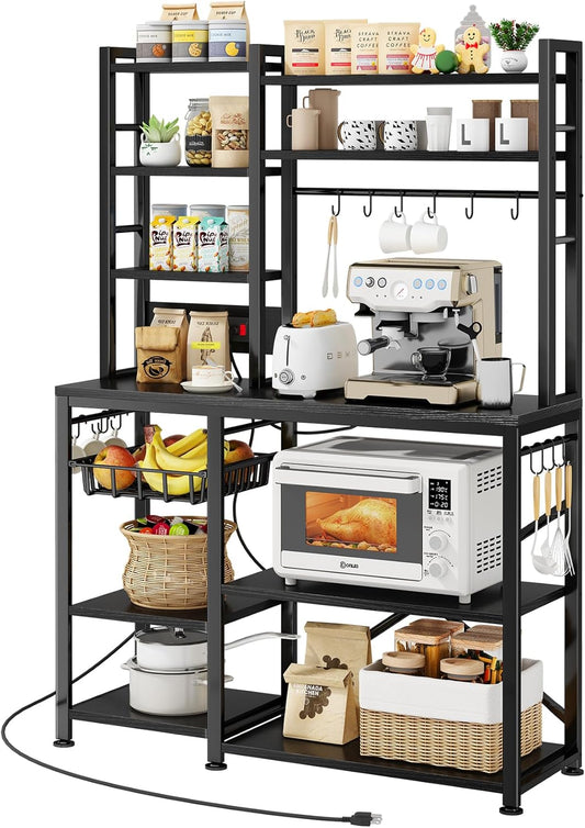Baker Rack with Power Outlet - Microwave Stand with Storage, Large Coffee Bar Station with 14 Hooks, Metal Kitchen Shelf Rack for Spices, Pots (Rustic Black)