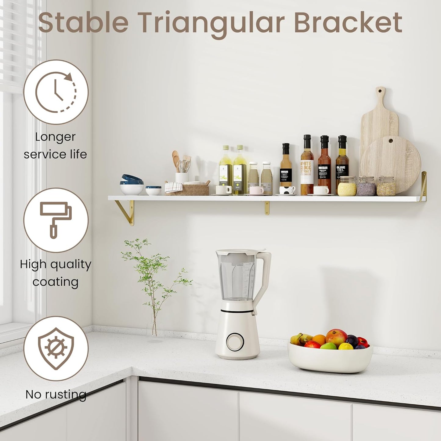 Dreamland 8 inch Deep Floating Shelves for Wall, 55 inch Long White Wall Mounted Shelves Set of 2, Wide Ledge Shelf with Gold Sturdy Metal Brackets for Living Room, Bathroom, Bedroom and Kitchen