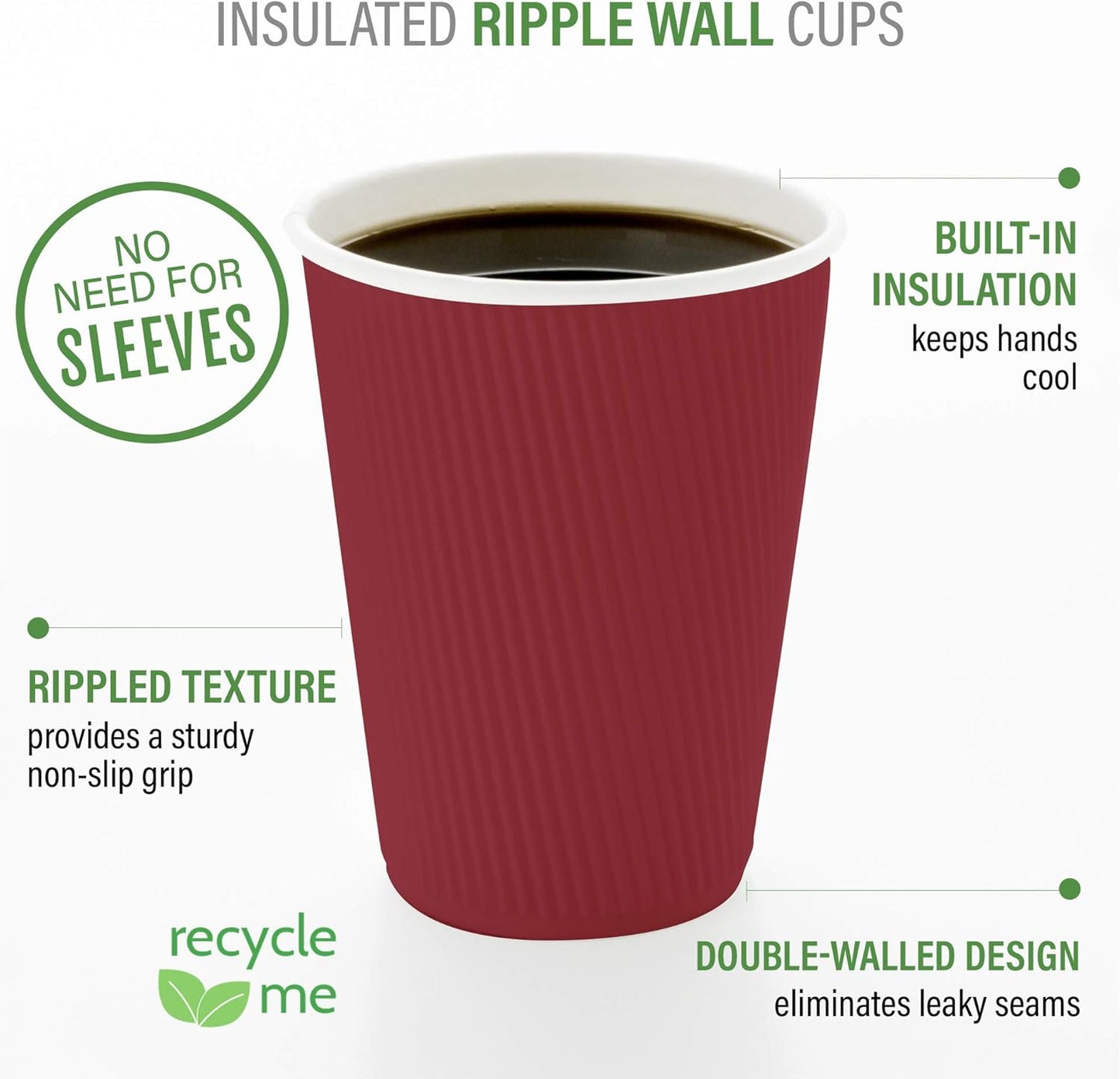 Restaurantware 12 Ounce Double Wall Disposable Coffee Cups, 500 Insulated Crimson Paper Tumblers with Rolled Rim Design, Lids Sold Separately for Hot Drinks like Tea, Hot Chocolate and More