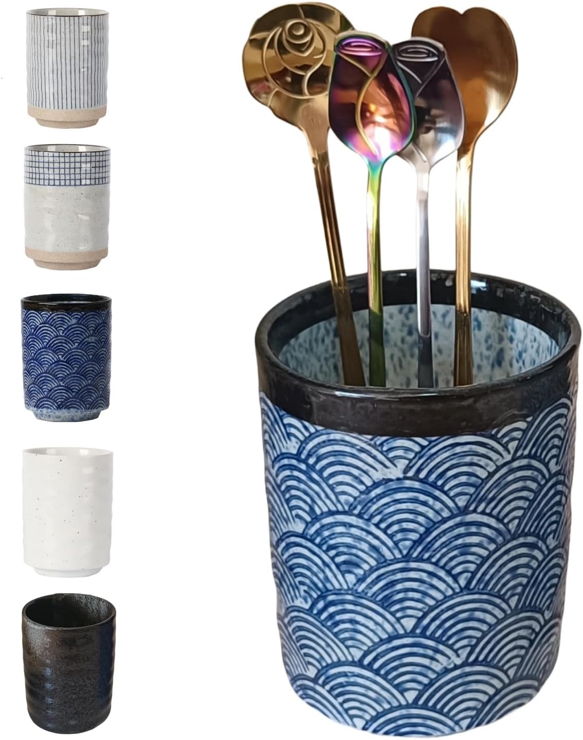 Stoneware Coffee Bar Utensil Holder Tea & Coffee Spoon & Stirrer Holder for Stir Stick Straw Teaspoon Holder Spoon Cup Small Utensil Jar (Blue Wave)