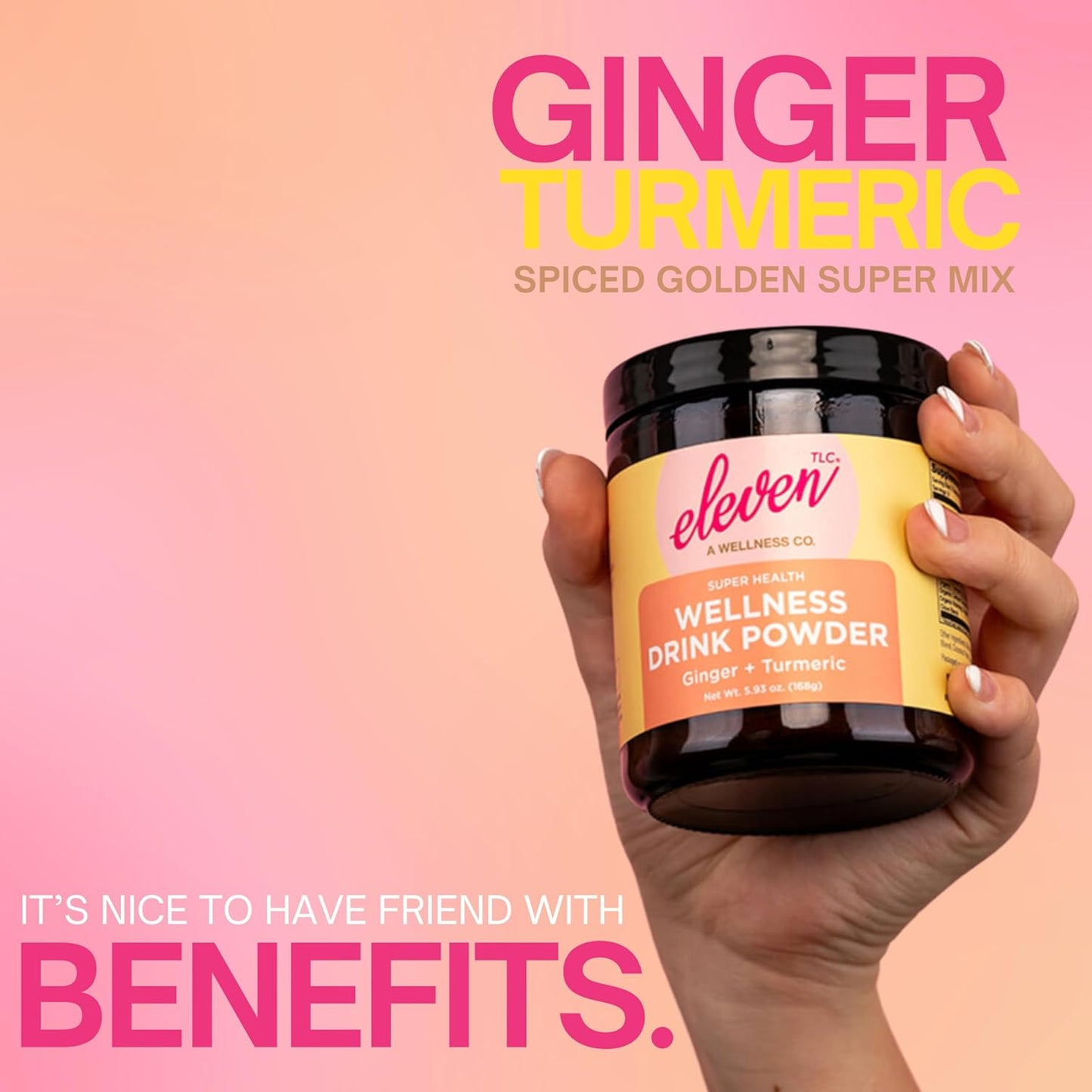 Eleven TLC, Organic Ginger Turmeric Spiced Golden Superfood Instant Latte & Drink Mix, Herbal Ginger Tea, Golden Milk Powder, Moon Cycle Non-Reactive Glass Jar, MD Formulated, 21 Servings