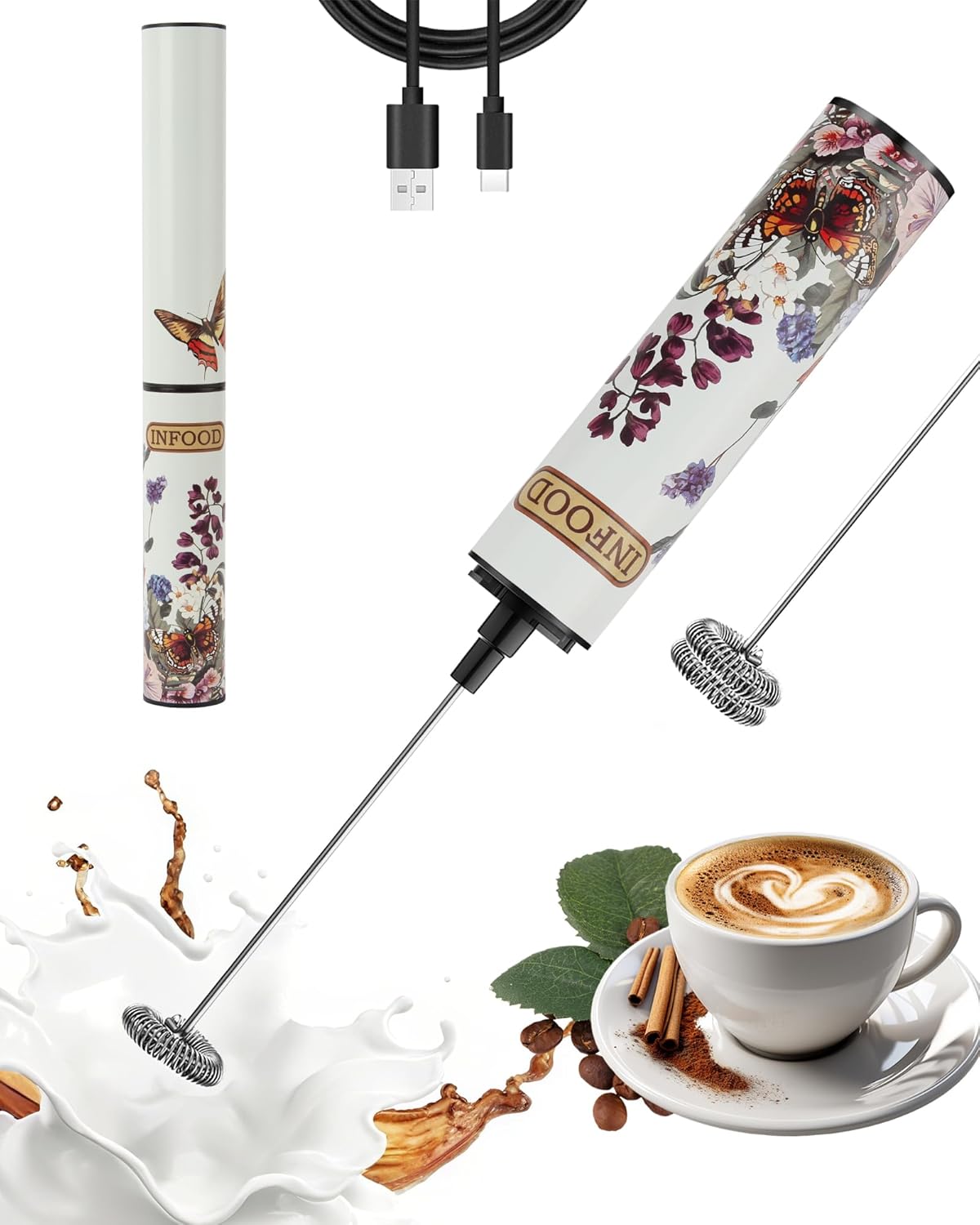 Milk Frother Rechargeable with Cover - Coffee Frother Wand, Drink Mixer Handheld with 2 Detachable Stainless Whisks 2 Speed Adjustable for Latte, Cappuccino, Hot Chocolate, Egg, White Floral