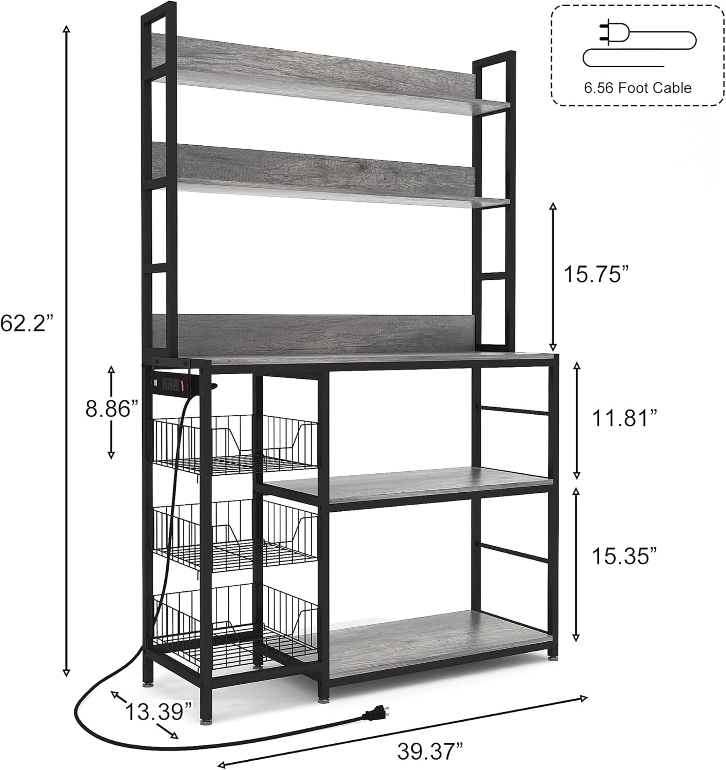 Kitchen Bakers Rack with Baskets and Power Outlet,5-Tier Kitchen Utility Storage Shelf with Hooks, Microwave Oven Stand Rack,Vintage Grey Free Standing Kitchen Shelf