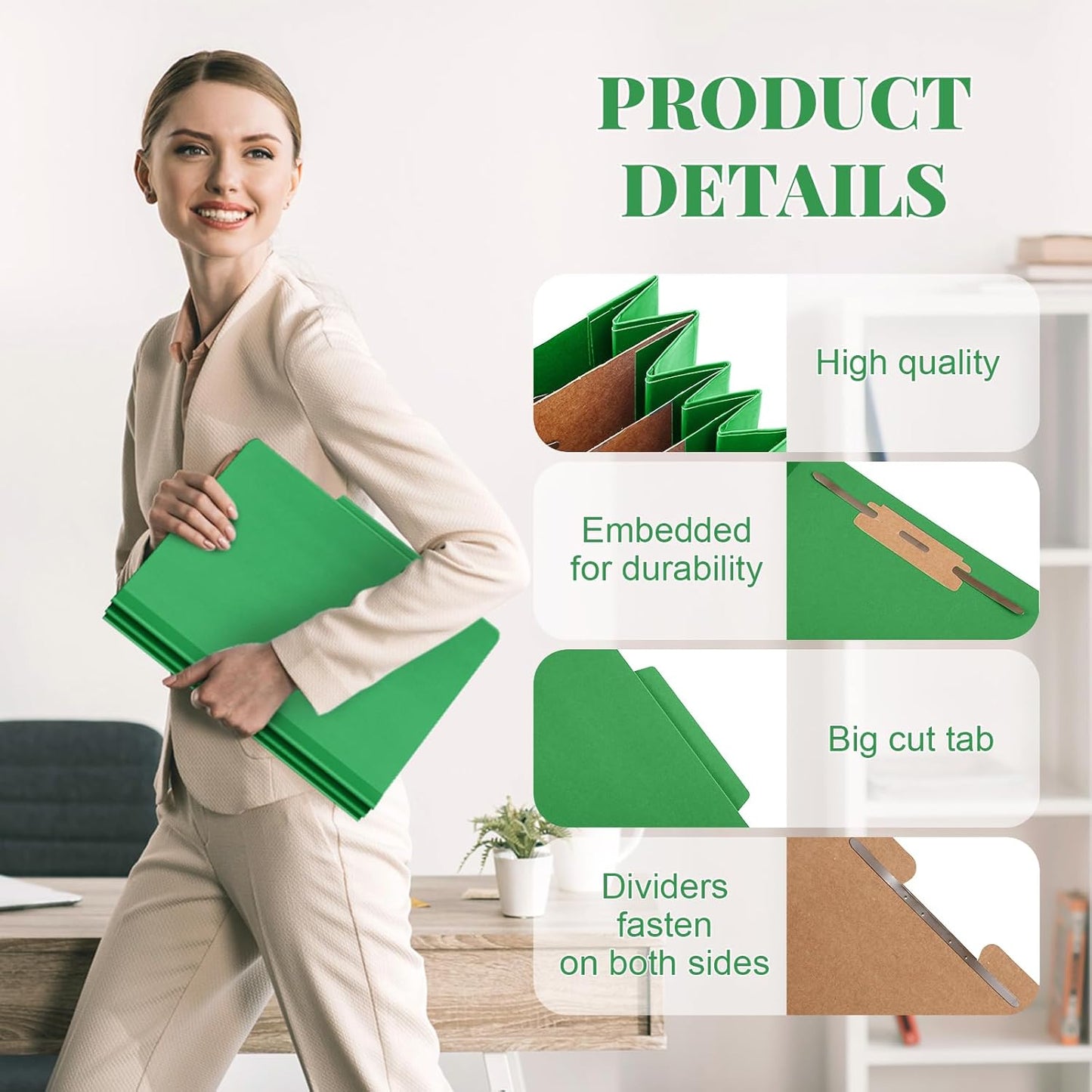 12 Pcs Classification Folders Letter Size, Back to School Supply for Teacher, Student, 3 Dividers Pressboard File Folder Bulk with 2 Fasteners, 3.5 Inch Expanding File Organizer (Green)