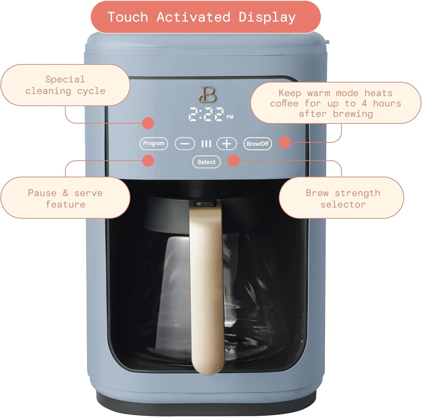 Beautiful Coffee Maker, 14-Cup, Touch-Activated Display, Programmable, Automatic Shut-Off, 1200W, Keep Warm, 24h Timer (Cornflower Blue)