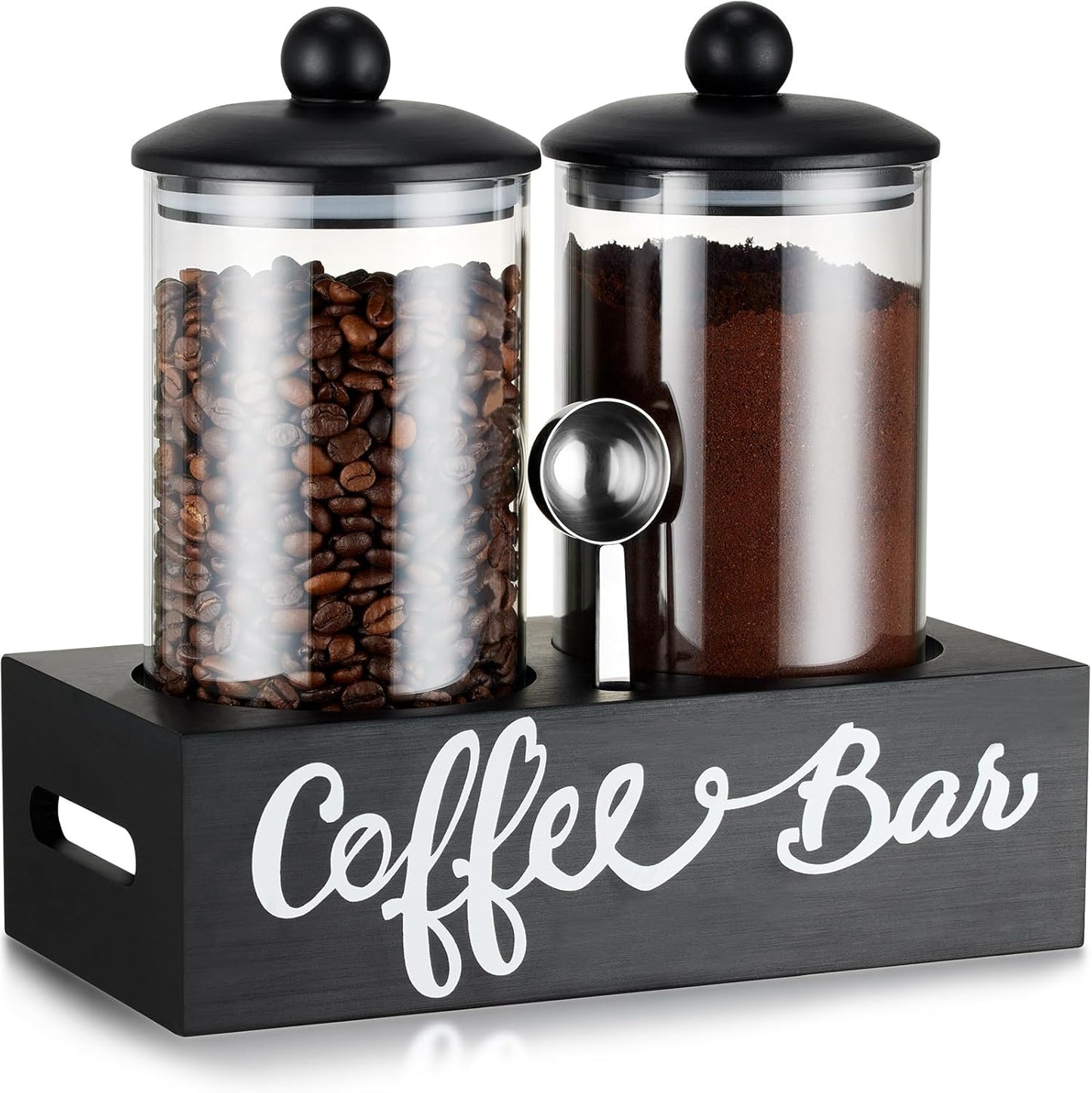 Yangbaga Glass Sugar Coffee Canister for Ground Coffee,2×55OZ Coffee Containers with Handle Shelf Coffee Bar Station Accessories Organizer Decor,Food Storage Jars with Iron Coffee Scoop for Kitchen