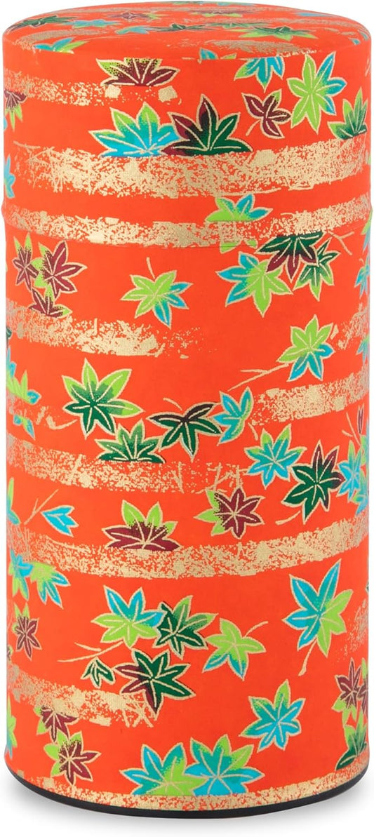NOREN Japanese Tea Canister Tin (Yuzen Washi Paper - Autumn leaves/Red), 7.06oz Size/Made in JAPAN with Includes Inner Lid of Airtight Damp-Proof/Kitchen Jar for Loose Leaf Coffee Tea Spice and More