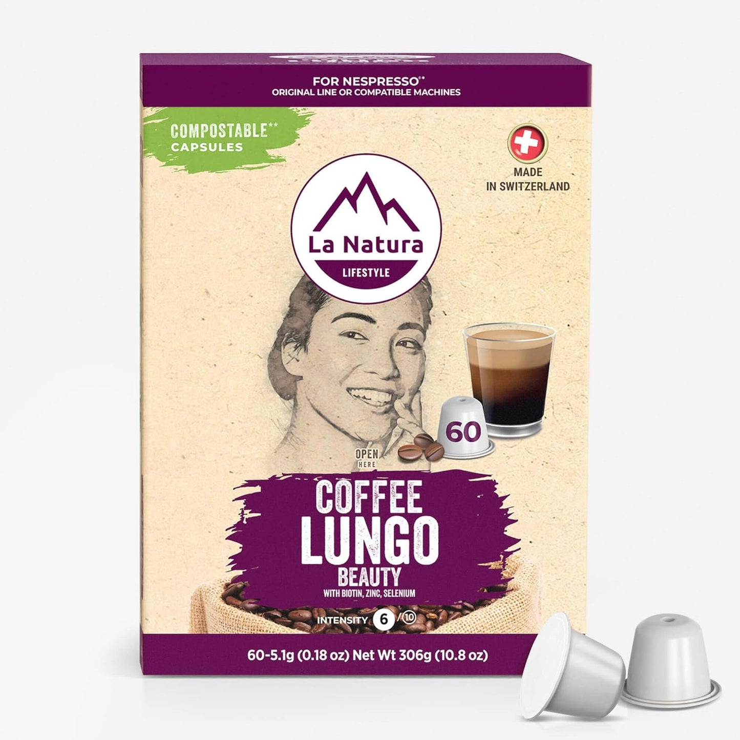 La Natura Lifestyle Beauty Coffee Pods - Lungo Roast European-Style with Biotin, Zinc & Selenium for Hair, Skin & Nails Health - Compostable Nespresso Original Line Compatible Capsules - Pack of 60