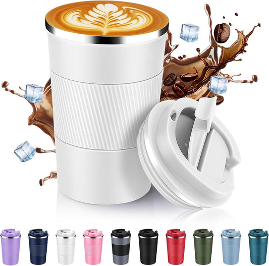 Volhoply 13 oz Stainless Steel Insulated Travel Coffee Mug with Fip Lid,Reusable Double Wall Vacuum Metal Coffee Cup,Portable to Go Leak Proof Cafe Thermal Tumbler for Hot & Cold Drinks(White,1)