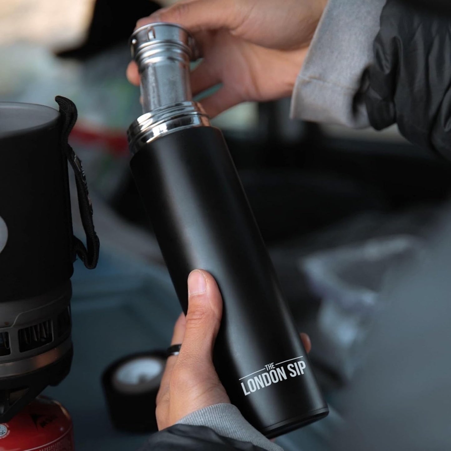 London Sip 25 oz Multi-Function Travel Mug and Tumbler Tea Infuser Water Bottle Fruit Infuser Flask Hot and Cold Double Wall Stainless Steel Coffee Thermos, Zen Black