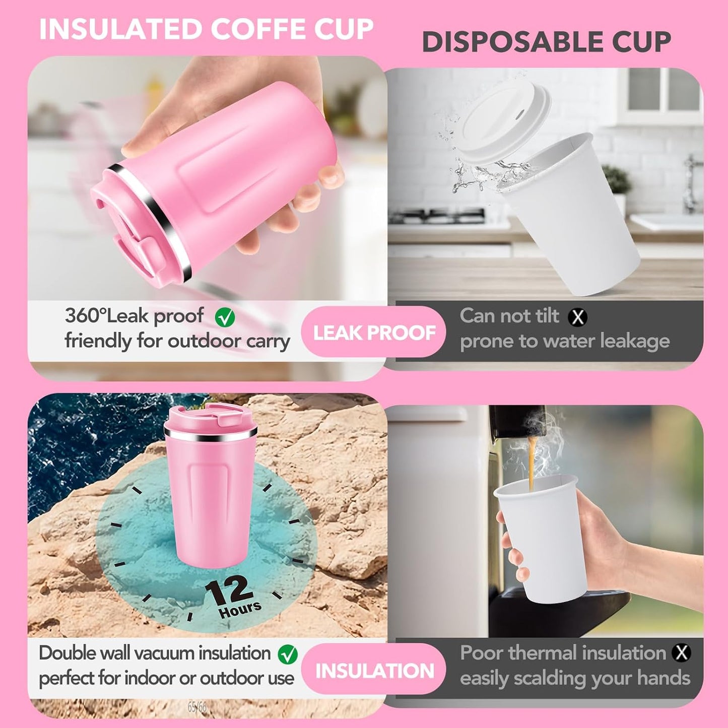 Volhoply 12 oz Double Wall Insulated Vacuum Travel Coffee Mug with Flip Lid Bulk 8 Pack,Reusable Stainless Steel Leak Proof Coffee Cup,Portable Cafe Thermal Tumblers for Hot & Cold Drinks(Pink,8 Set)