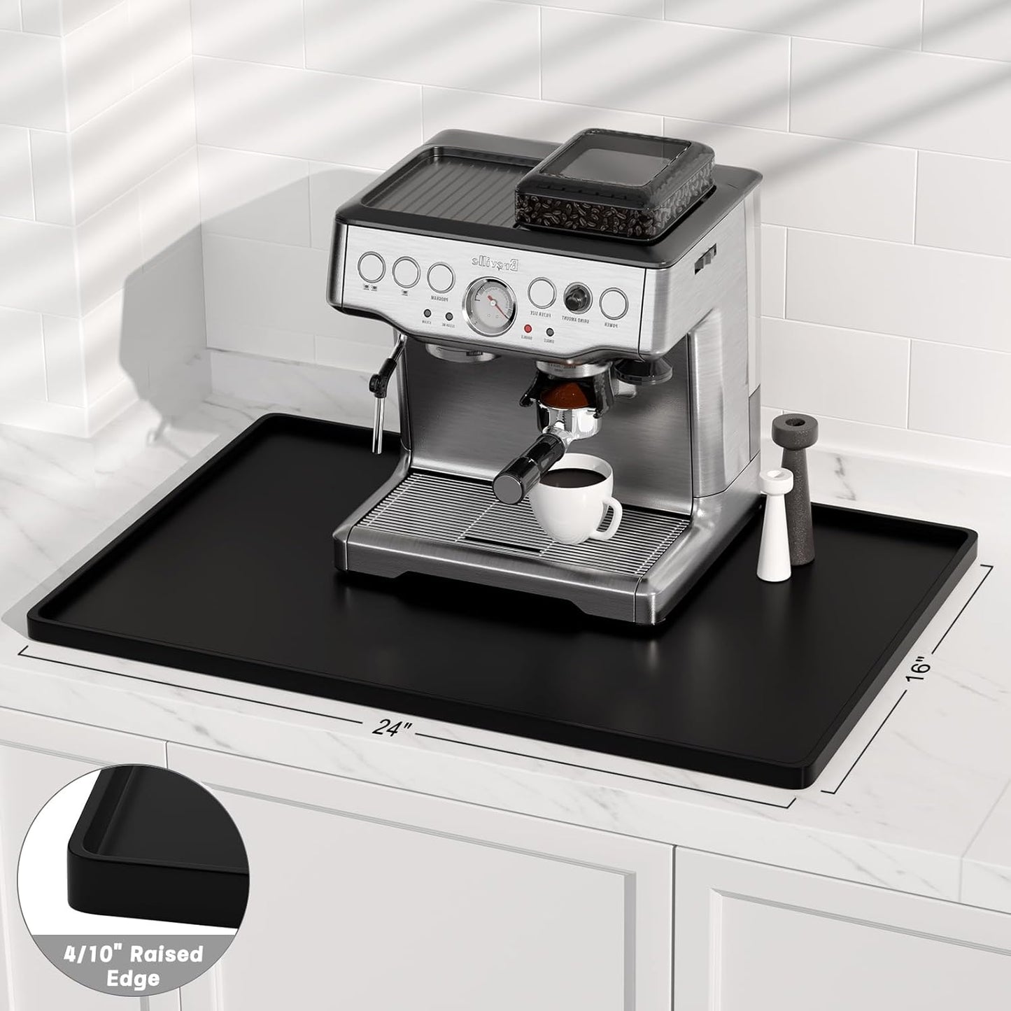 Rnivvi Silicone Coffee Mat, 16" x 24" Waterproof Raised Edge Coffee Bar Mats for Espresso Machine Station Accessories, Heat Resistant Dish Drying Pad for Kitchen Counter, Rubber Bar Decor Pad, Black