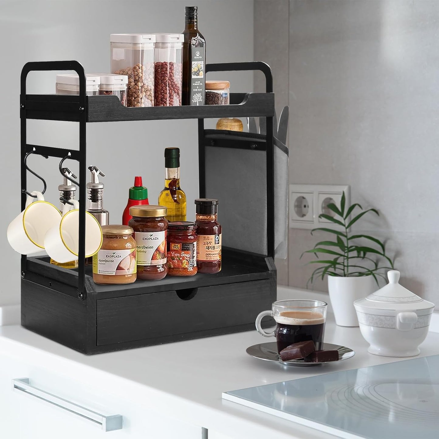 Wooden Coffee Bar Organizer - 2-Tier Station with Pod Holder, Syrup Snack Organizer, Bag & Hooks (Black)