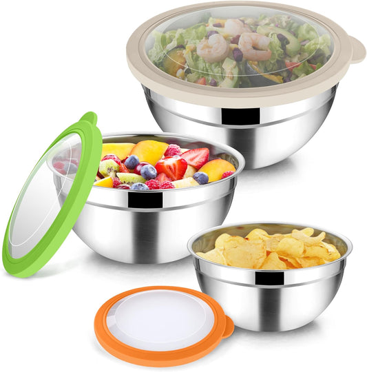 TeamFar Mixing Bowls, 4.5/3/1.5 QT Stainless Steel Nesting Salad Bowls with Airtight Lids, For Serving/Mixing/Storing/Prepping, Non-Toxic & Sturdy, Visible & Easy Clean, Multi-Color, Set of 3