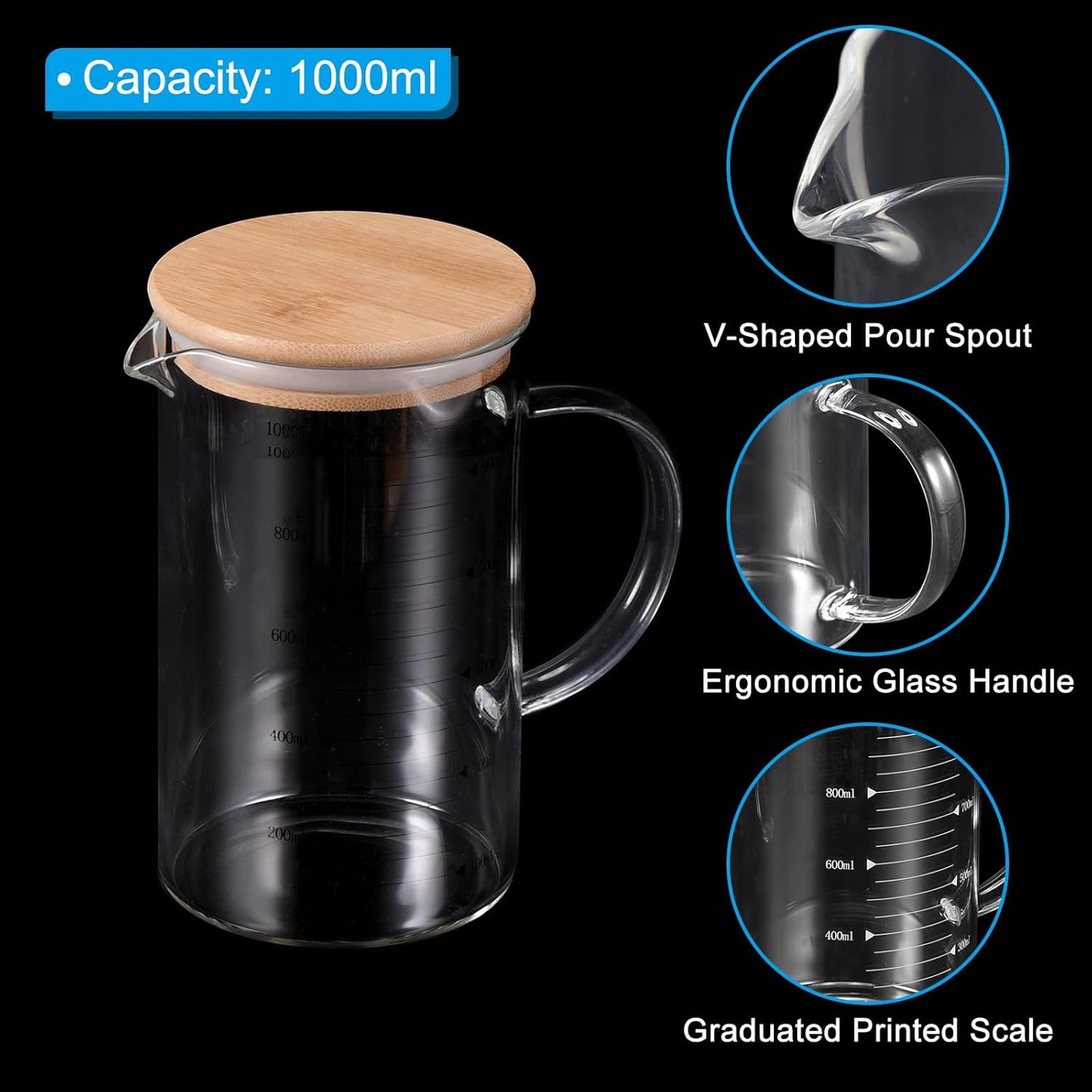 PATIKIL 1000ml Glass Measuring Cup, 3.3 Borosilicate Glass Graduated Black Printed Scale Liquid Measure Cups Beaker with Wood Lid and V-Shaped Spout for Kitchen