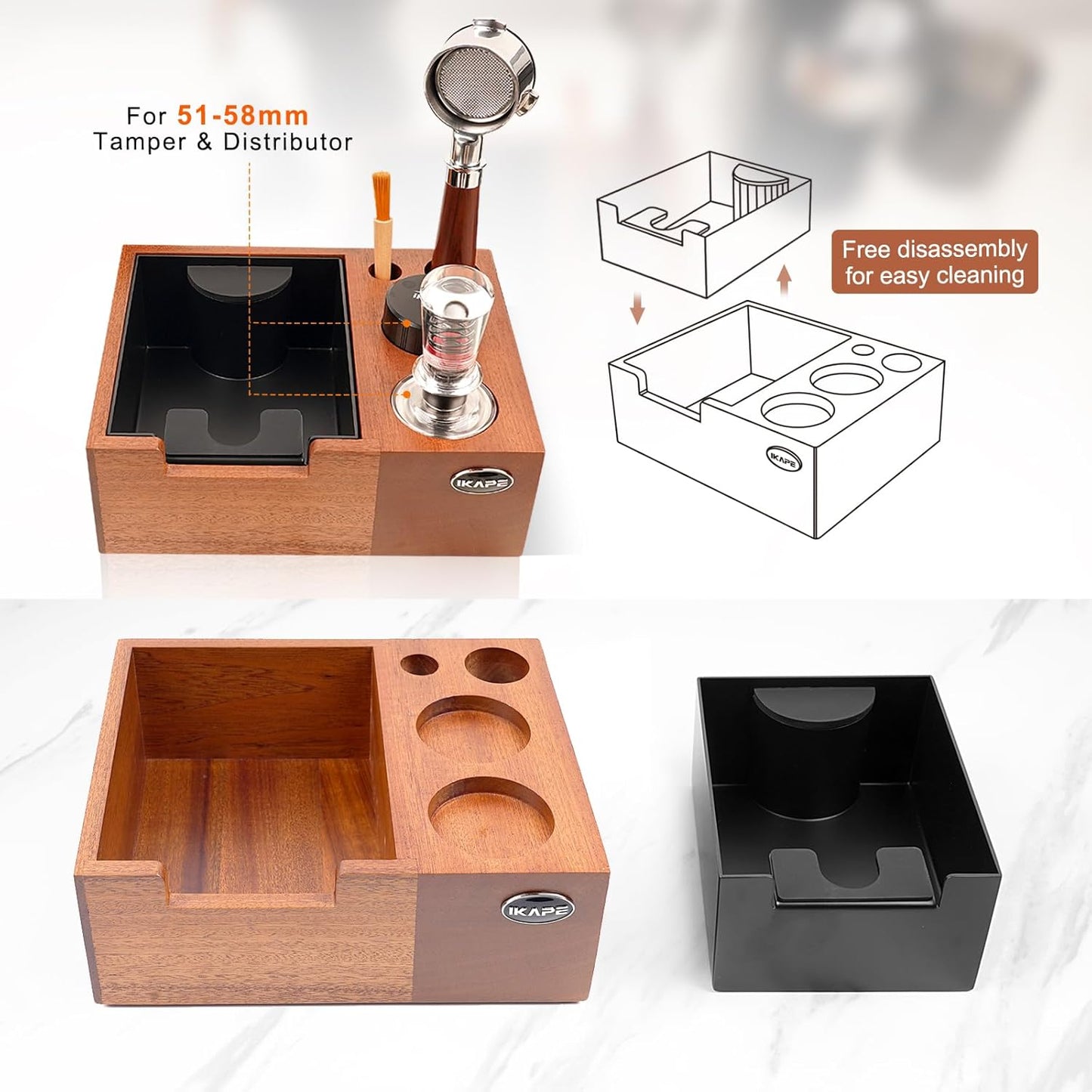 IKAPE Espresso Knock Box, Espresso Coffee Organizer Box Fit for Storage 51, 54, 58MM Espresso Tamper, Distributor, Portafilter & Puck Screen Accessories, Natural Sandywood Station Base