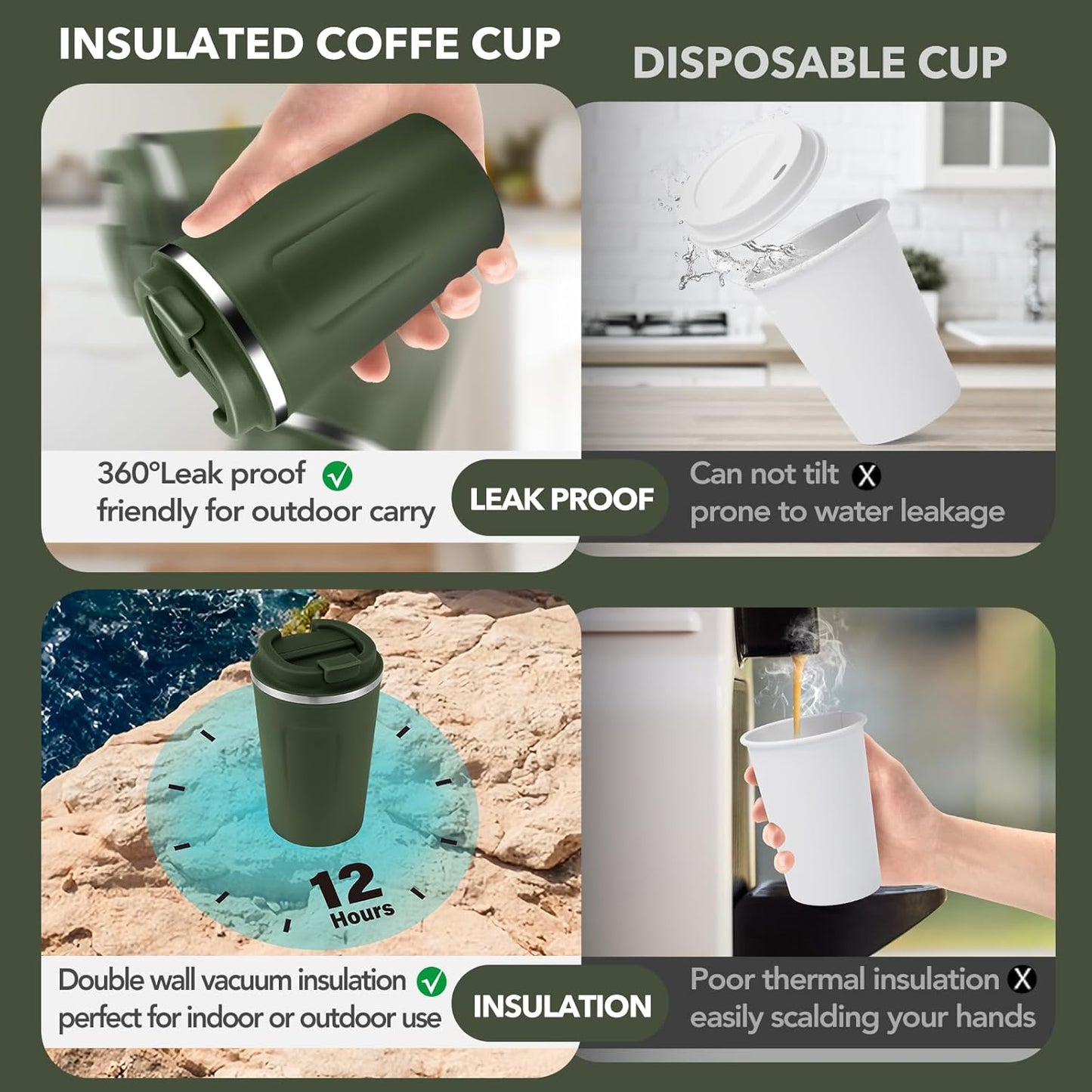 Volhoply 12 oz Double Wall Insulated Vacuum Travel Coffee Mugs with Flip Lid Bulk 2 Pack,Reusable Stainless Steel Leak Proof Coffee Cup,Portable Thermal Tumbler for Cold & Hot Drinks(Army Green,2 Set)