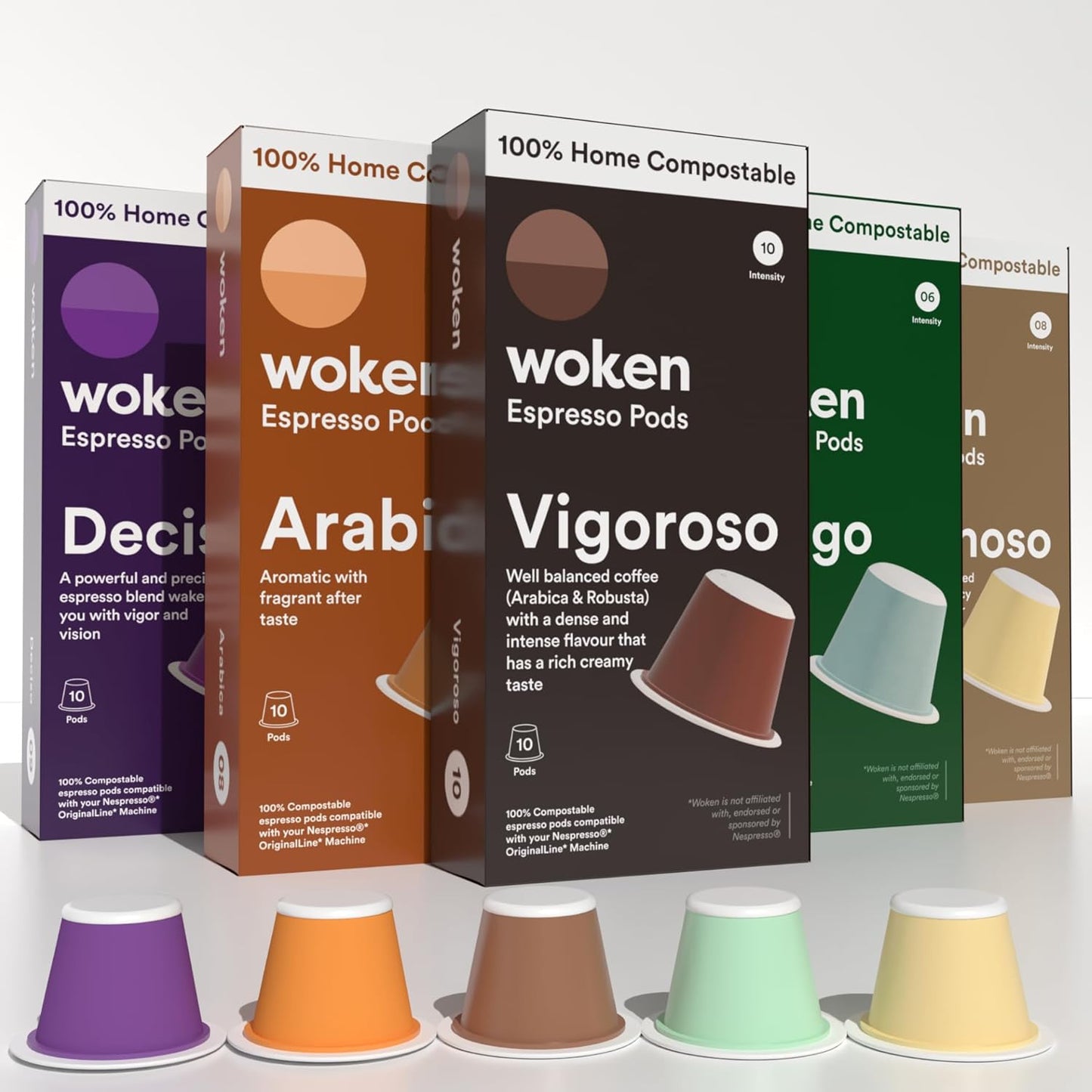 Woken Coffee Compostable Nespresso Pods Variety Pack - Dark and Medium Roast Italian Espresso Compostable Coffee Pods Compatible with Nespresso Machine (50 Pods, 5 Boxes) (Pack of 5), Variety Pack)