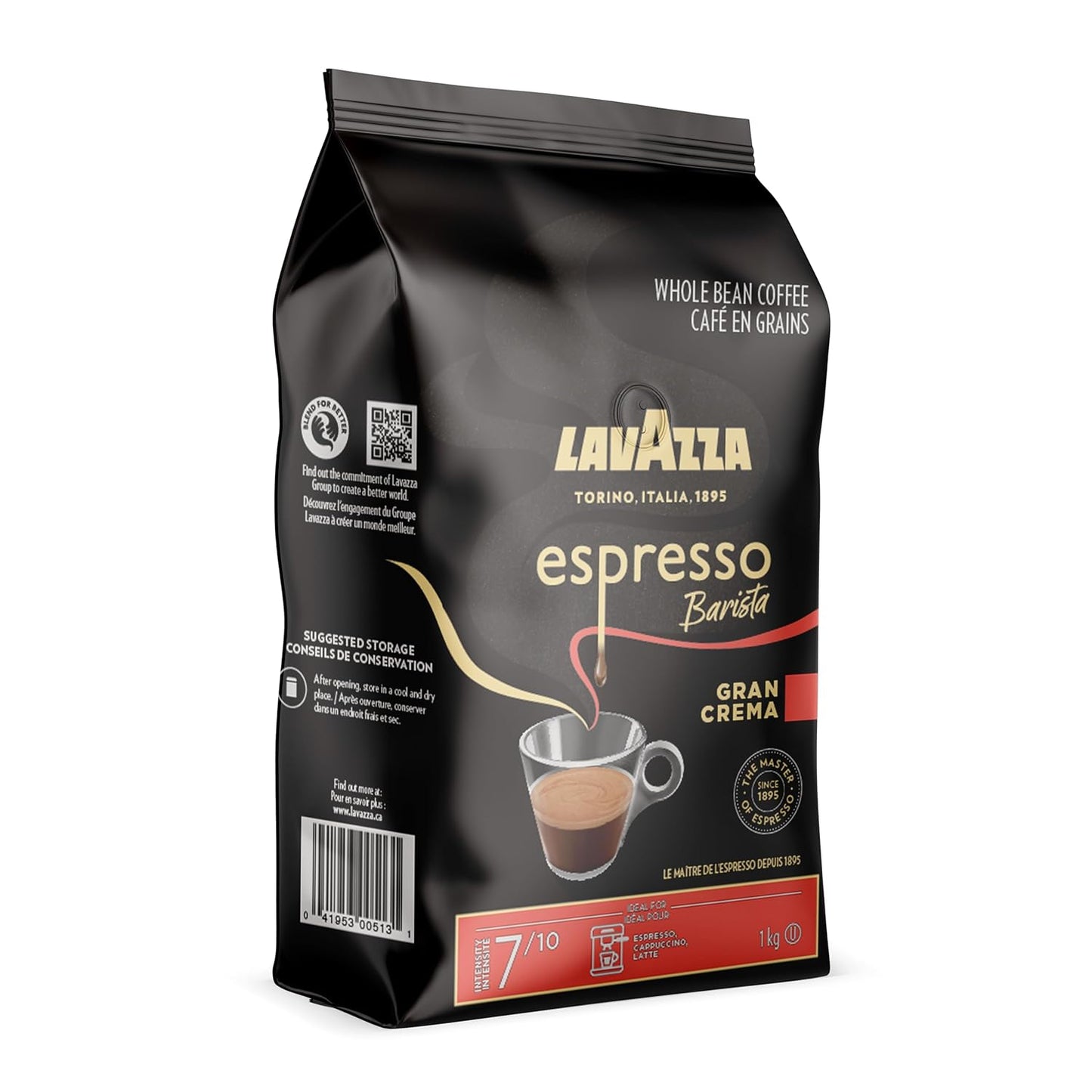 Lavazza Espresso Barista Gran Crema Whole Bean Coffee Blend, Medium Espresso Roast, 1 kg Bag - Chocolate and Spicy Aroma