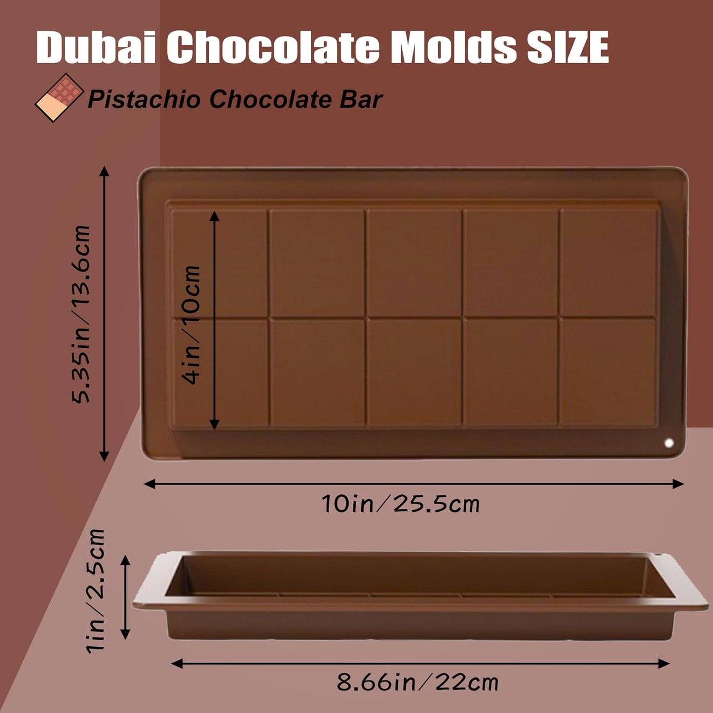 2 Pack Deep Chocolate Bar Molds Silicone,Large Stuffed Dubai Pistachio Deep Bar Moulds Kit 1 Inch Thick Big，for Homemade Making Bar Candy Bar Bpa Free DIY.