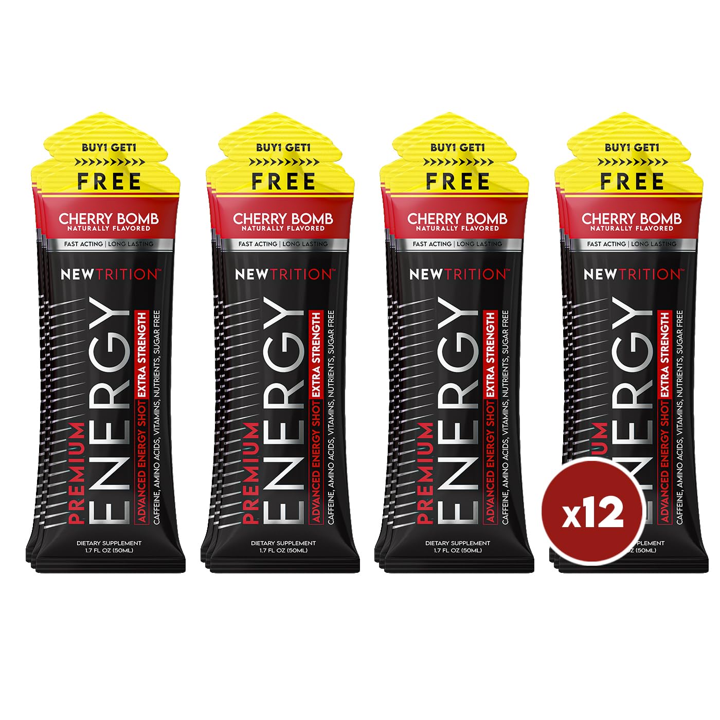 NewTrition® Extra Strength Energy Shots, 250mg Caffeine Energy Shots with Vitamin B & Amino Acids, Sugar-Free Vitamin Energy Shot, 1.7 fl oz (Pack of 12, Cherry Bomb)