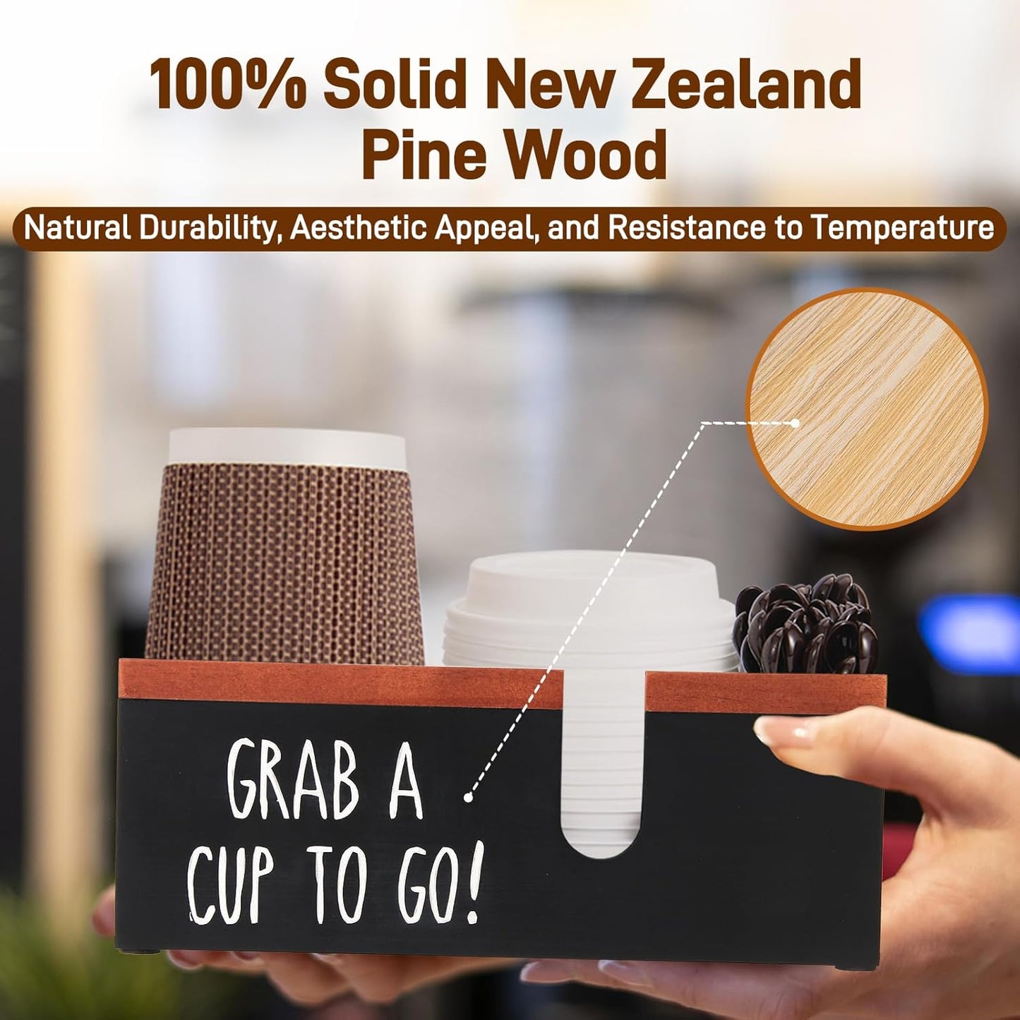 100% Wooden Coffee Cups Holder with U-Shape Cutout Design for Countertop-Coffee Bar Organizer for Cups, Lids, Pods, Stirrers, and Accessories, Great Gift for Home or Office