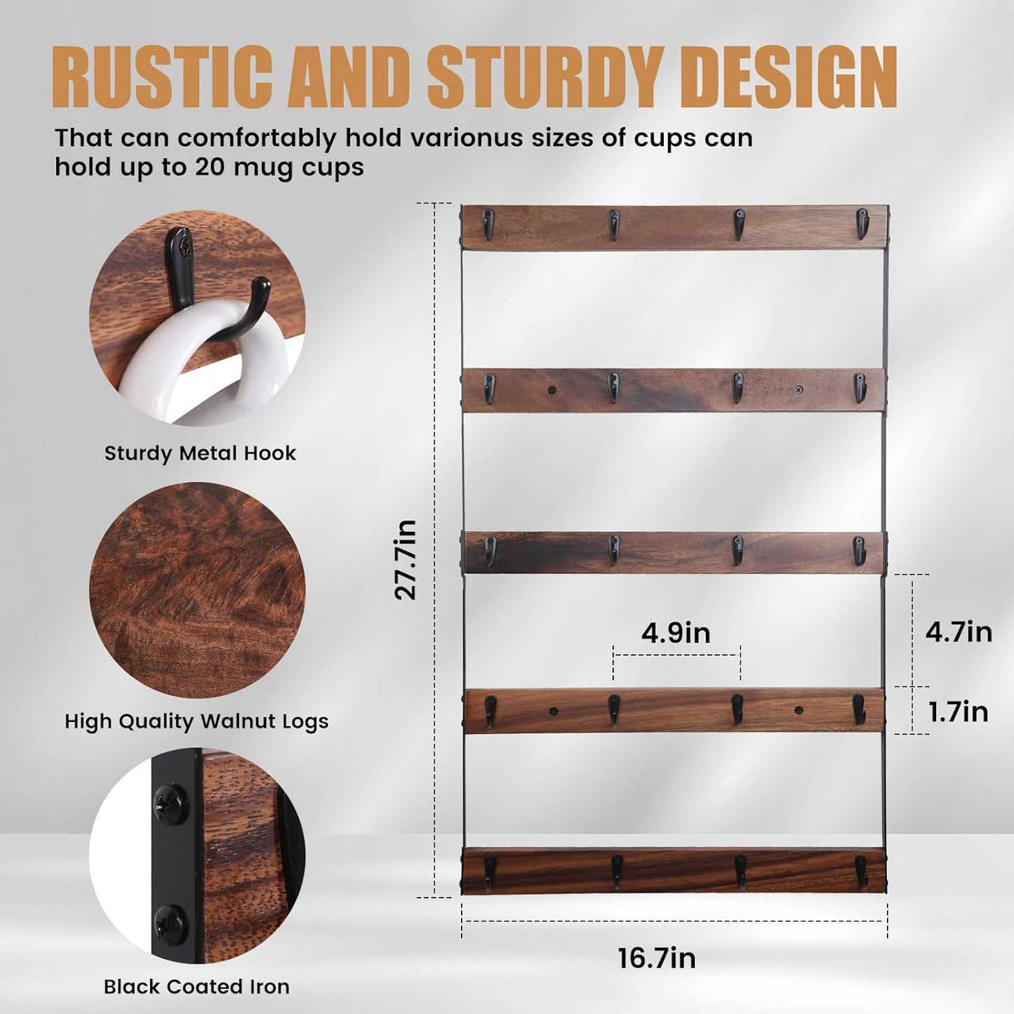 Wall Mounted Coffee Mug Holder, Large 5 Tier Shelf with 20 Hooks for Cups, Rustic Wooden Display Rack for Kitchens, Homes and Bars (Walnut)