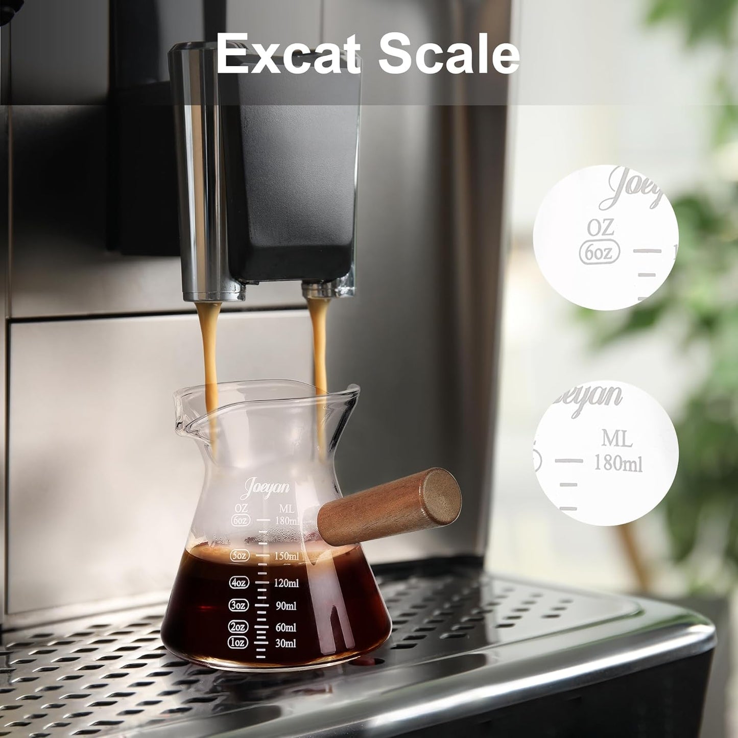 Joeyan 6 oz Glass Measuring Cup with Double Spouts,Clear Borosilicate Espresso Shot Glasses with Wooden Handle,Milk Creamer Frothing Pitcher Barista Coffee Carafe