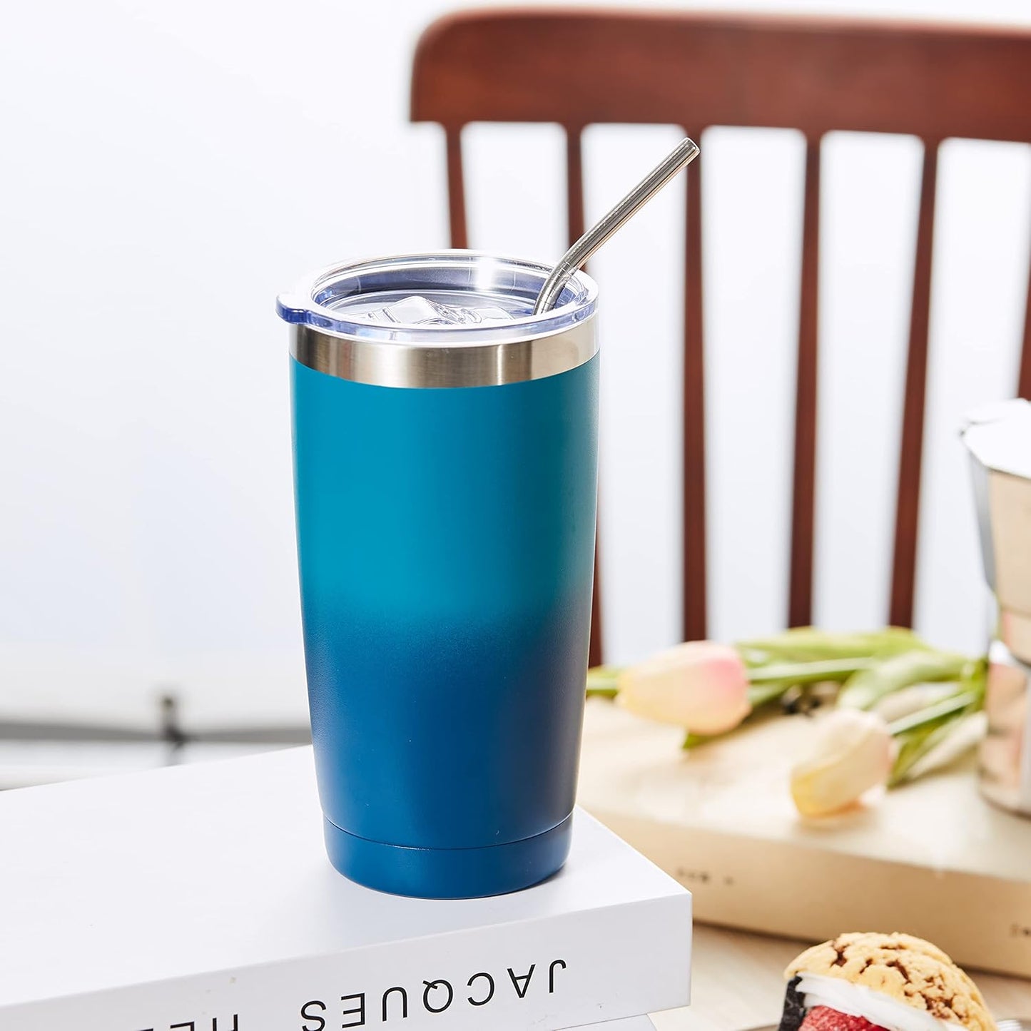 COMOOO 20oz Tumbler with Straw Stainless Steel Insulated Coffee Tumbler Cups Double Wall Vacuum Travel Coffee Mug with Splash Proof Sliding Lid for Hot Cold Drinks (Dark Night, 2 Pack)