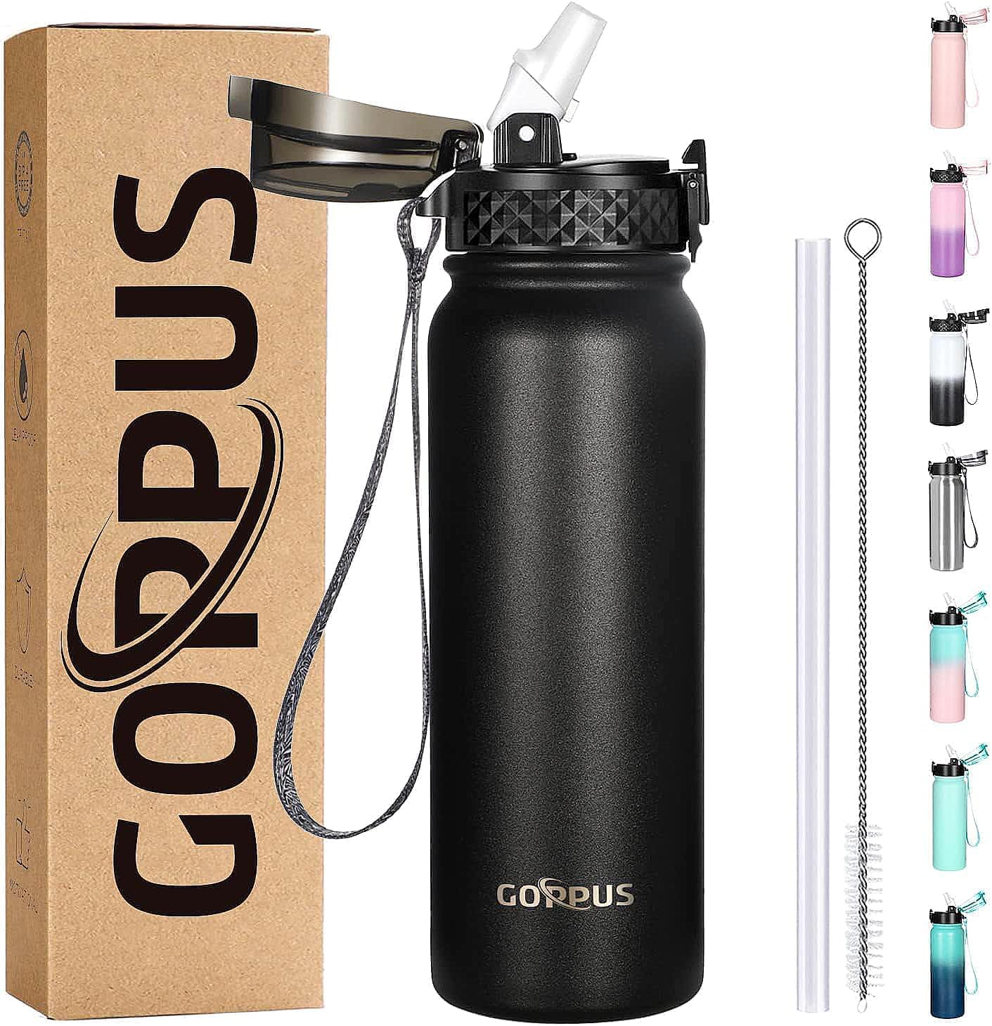 GOPPUS 20oz Insulated Stainless Steel Water Bottle with Straw Lid Reusable Leakproof Water Flask, Keeps Hot and Cold Sports Canteen Water Bottles for Kids Men Women Gym （Black 1 Lid）