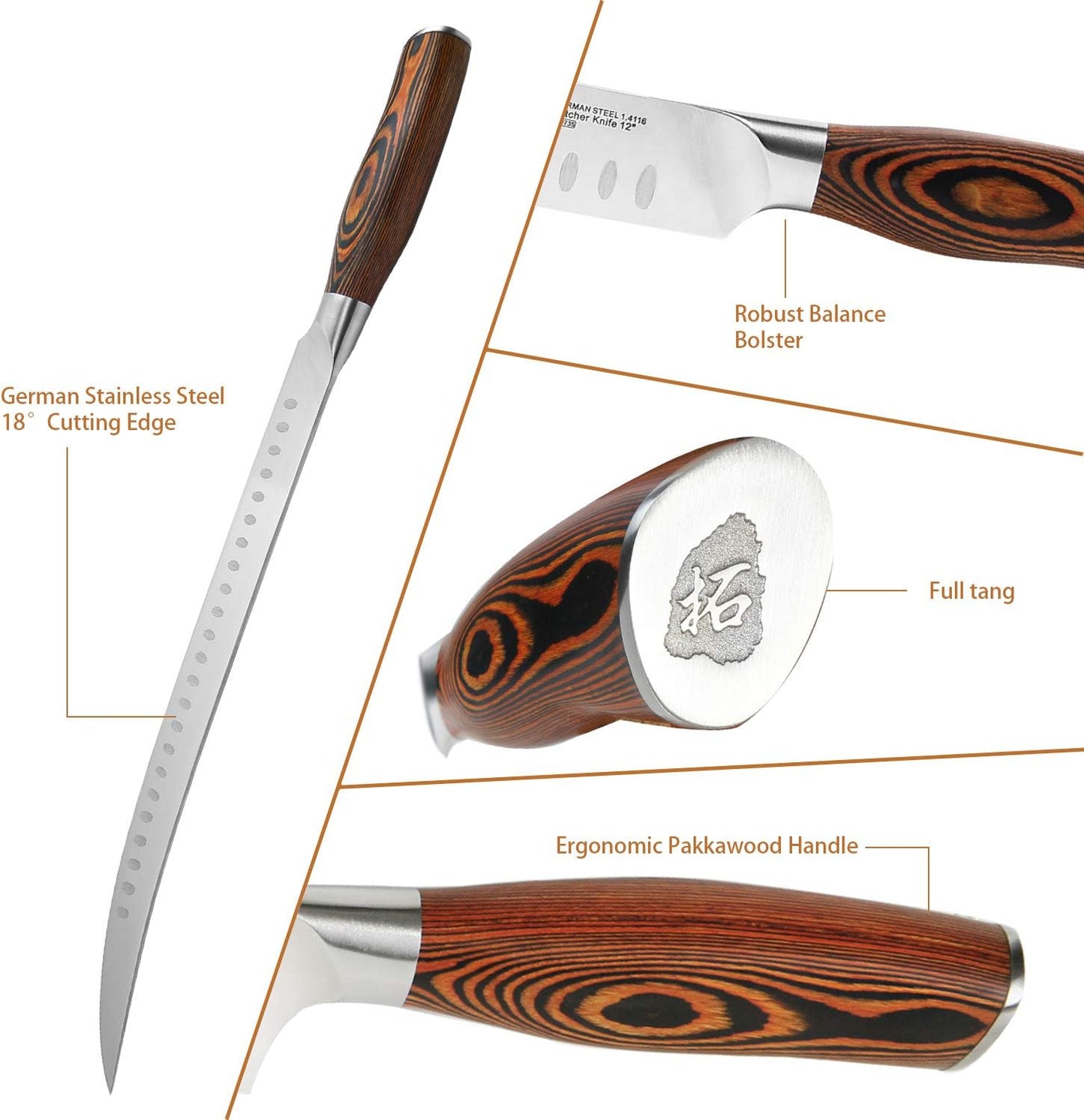 TUO Butcher Knife - 12 Inch Breaking Butcher s Knives Curved Granton Edge Carver Slicing Knife Long Meat Veggies Cleaver - German HC Steel Comfortable Pakkawood Handle - Fiery Series Gift Box Included