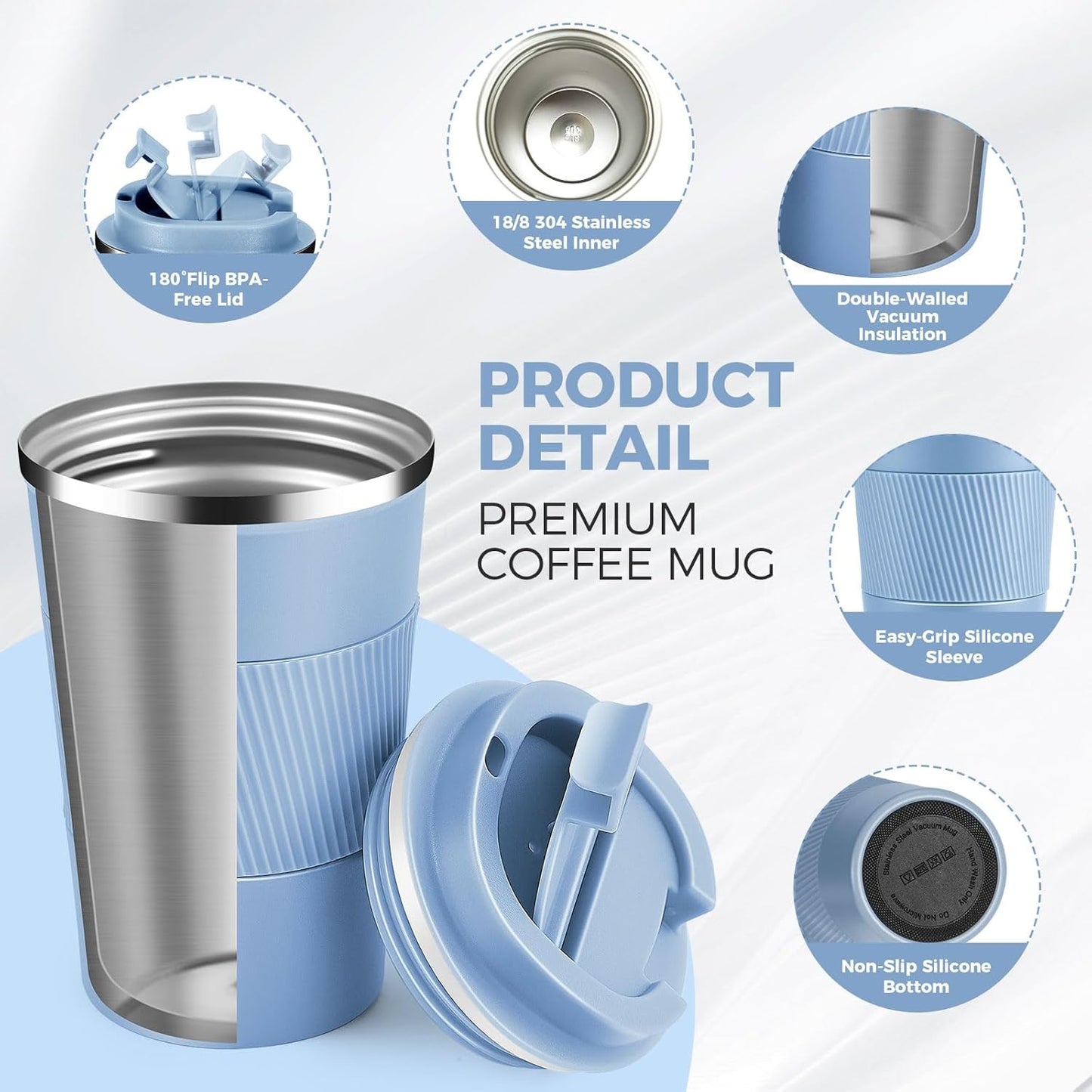 Volhoply 13 oz Stainless Steel Insulated Travel Coffee Mug with Fip Lid Bulk 4 Pack,Reusable Double Wall Vacuum Metal Coffee Cup,Portable Leak Proof Thermal Tumbler for Hot & Cold Drinks(Fog,4)