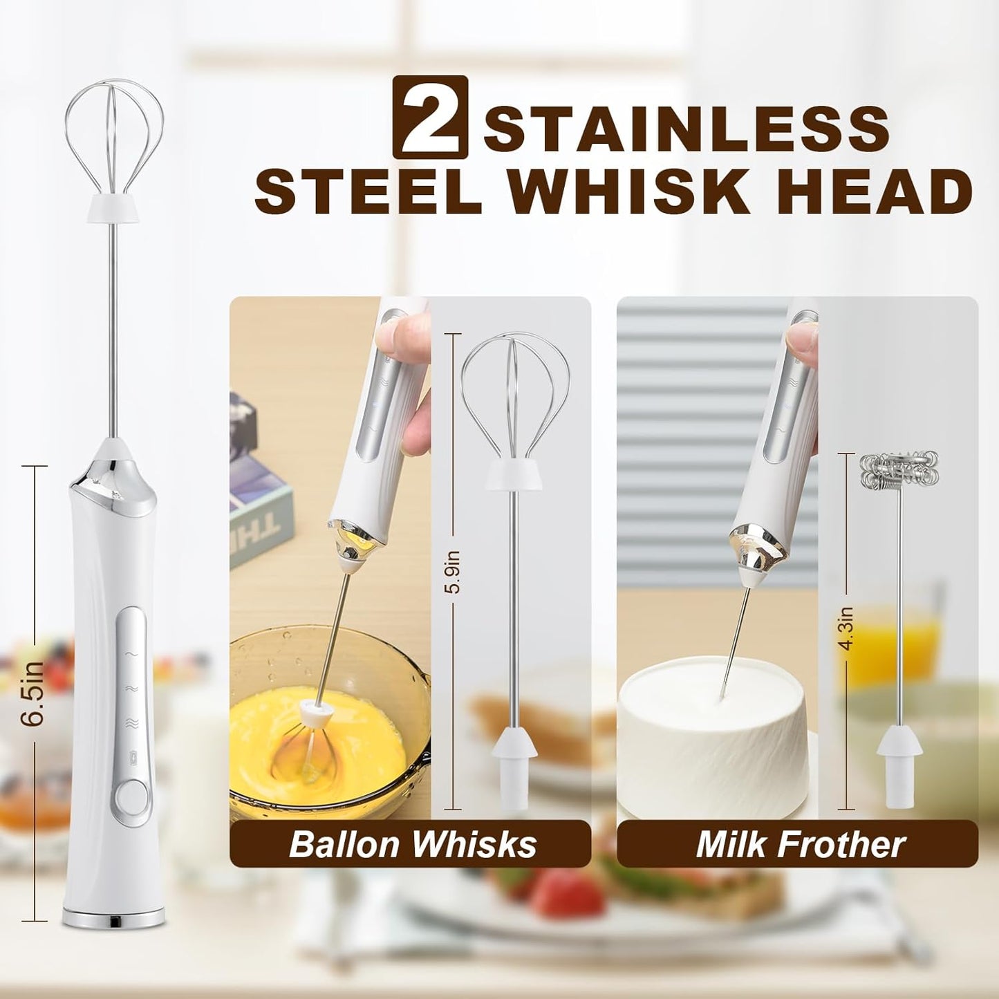 Handheld Electric Milk Frother with 2 Heads, Coffee Whisk Foam Mixer with USB Rechargeable 3 Speeds, Foam Maker Blender for Latte, Cappuccino, Hot Chocolate, Egg (White with stand)