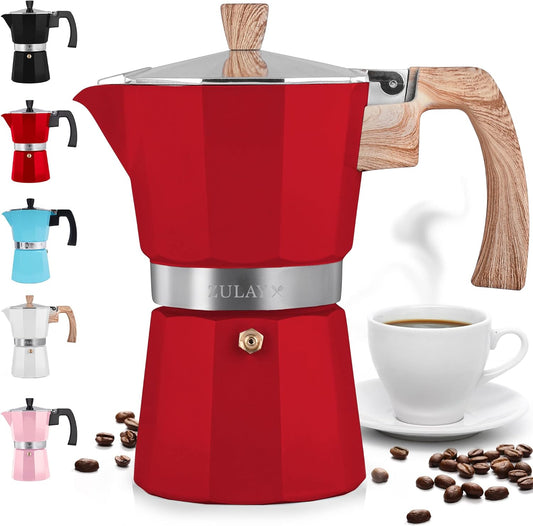 Zulay Kitchen Stovetop Espresso Maker - Moka Pot 6 Espresso Cups - Percolator Coffee Maker for Classic Cuban & Italian Style Espresso - Portable Coffee Maker for Camping & Travel - (Red)