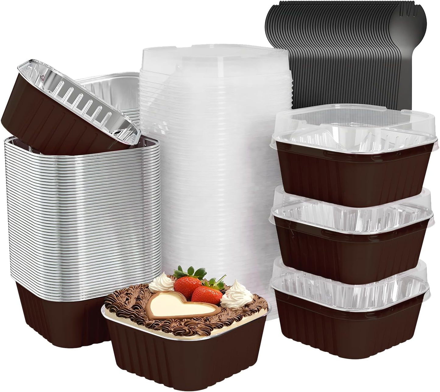 100 Pack Square Mini Cake Pans with Lids,Mini Loaf Pans with Lids,Aluminum Foil Baking Cups,Disposable Ramekins Cupcake Cups,Dessert Cups for Wedding Birthday Party Picnics,5oz (Coffee)