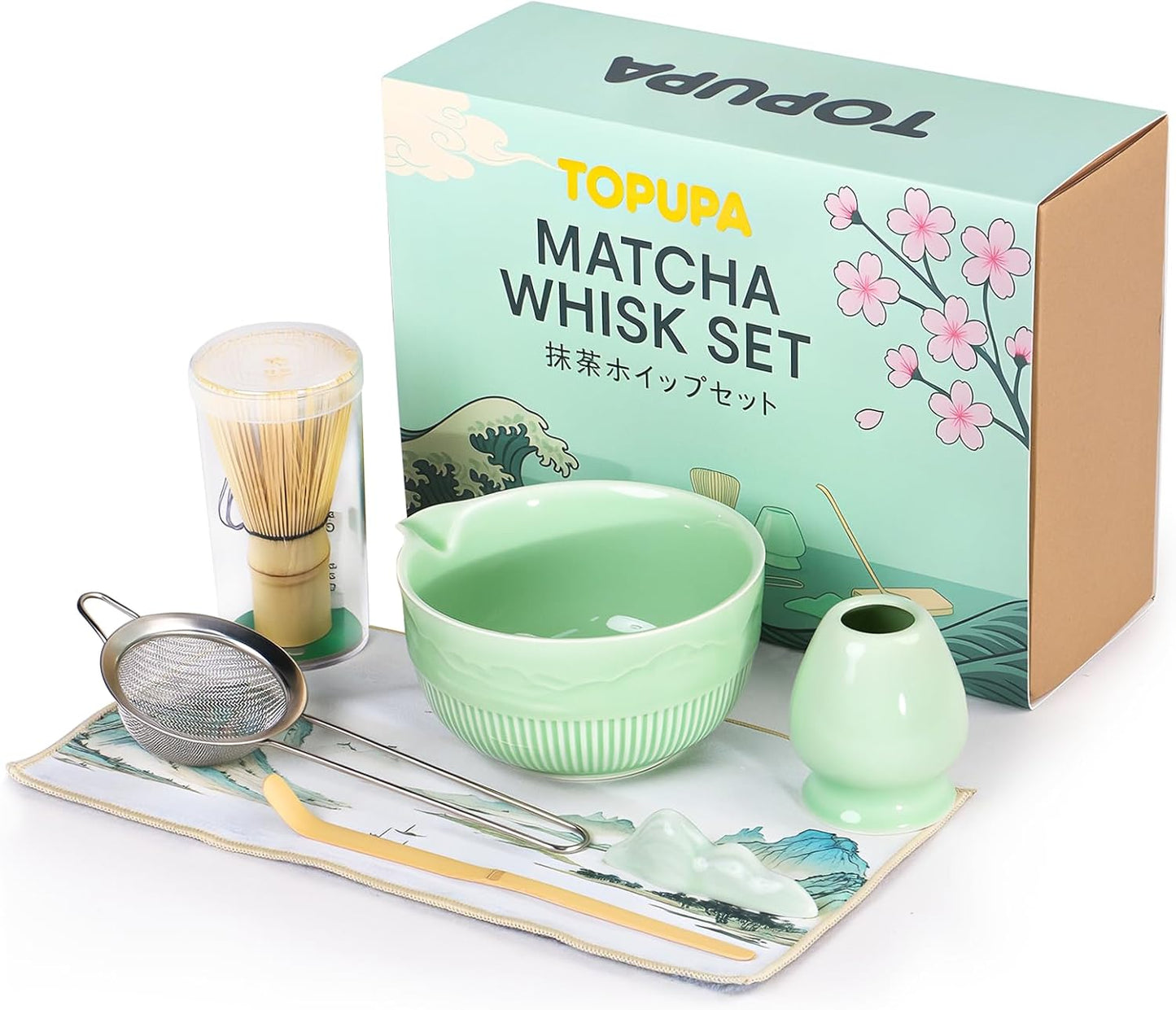 Matcha Bowl and Whisk Set 7PCs Includes Fuji Design 17oz Ceramic Bowl Whisk Holder Bamboo Spoon and Rest Sifter Tea Towel Matcha Kit for Ceremony Blue Matcha Tea Set for Making Breakfast Latte