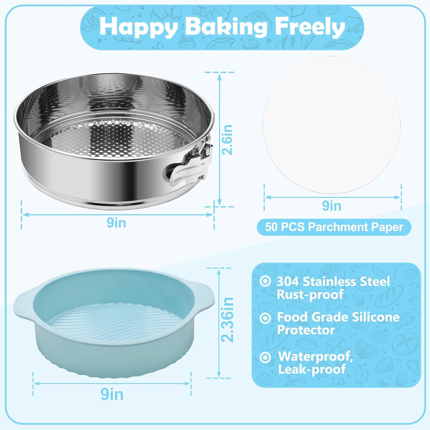 9 Inch Springform Pan with Silicone Pan Protector, 304 Stainless Steel Nonstick Leakproof Springform Cake Pan with Removable Bottom with 50pcs Parchment Paper