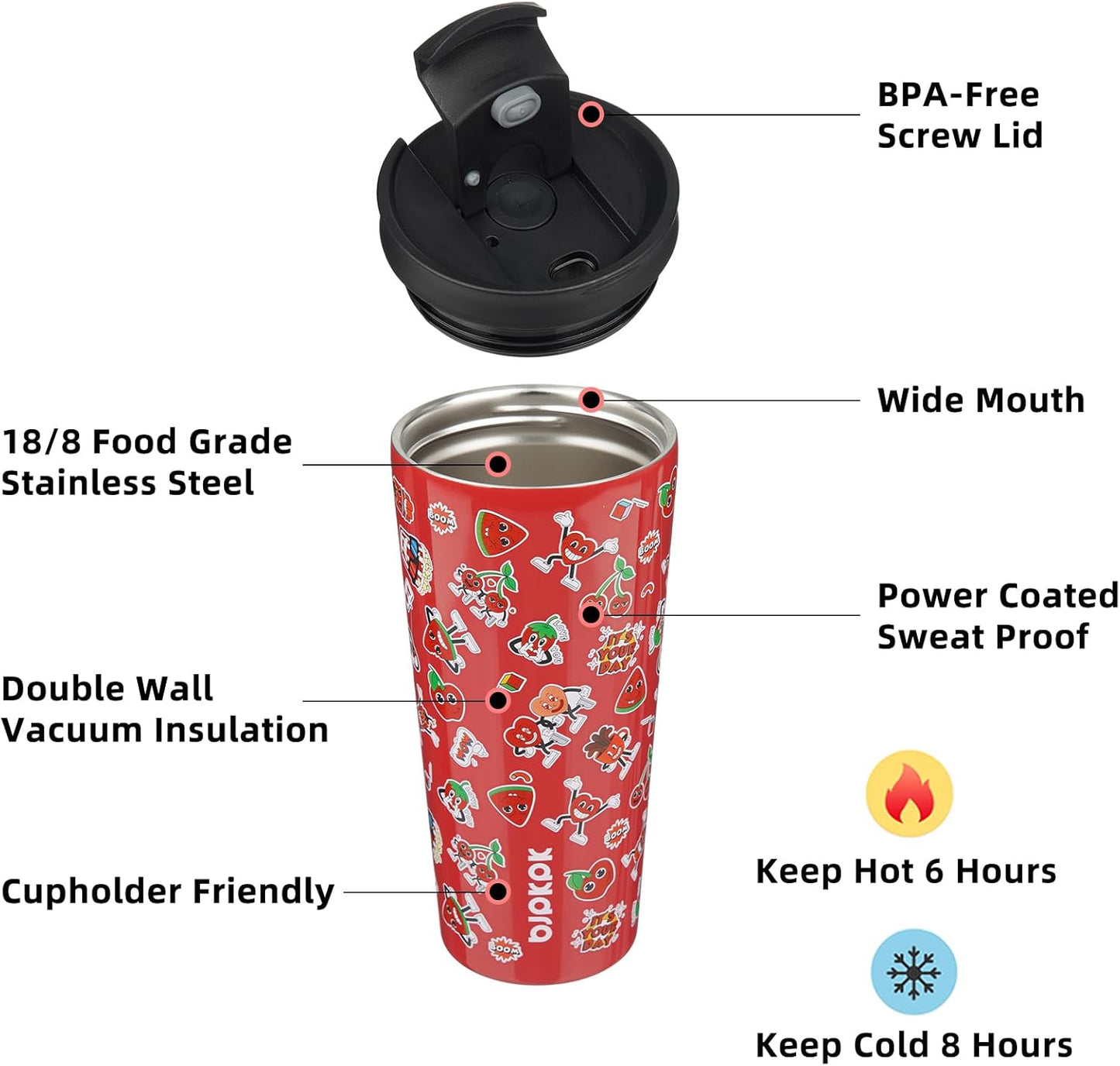 BJPKPK 22oz Tumbler With lid And Straw Stainless Steel Travel Coffee Mug Insulated Tumblers Cups,Passionate Red