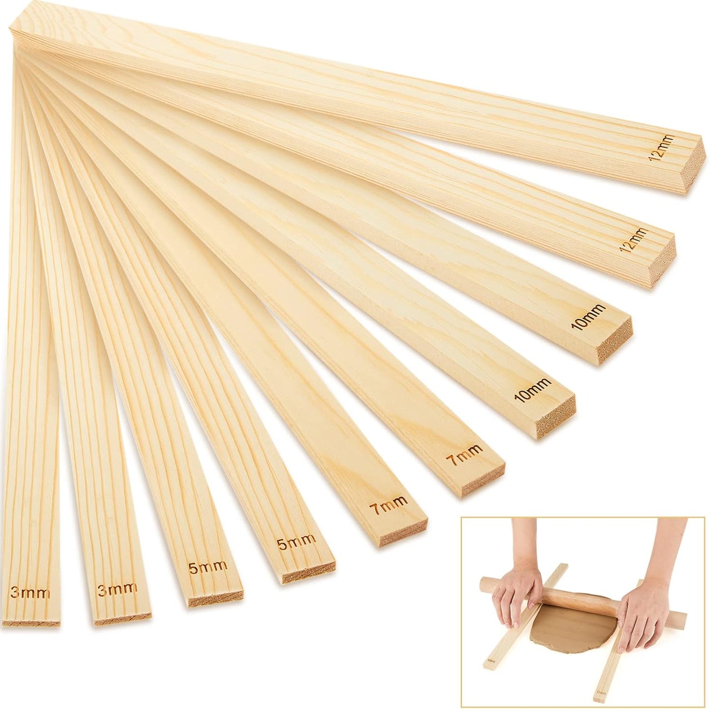 Sasylvia 10 Pcs Pottery Teaching Rolling Mud Stick Guide 5 Size Wooden Rolling Pin Guides Sticks Set Polymer Clay Depth Guide Pottery Tools Clay Tool Mudboard Tools for Polymer Thickness
