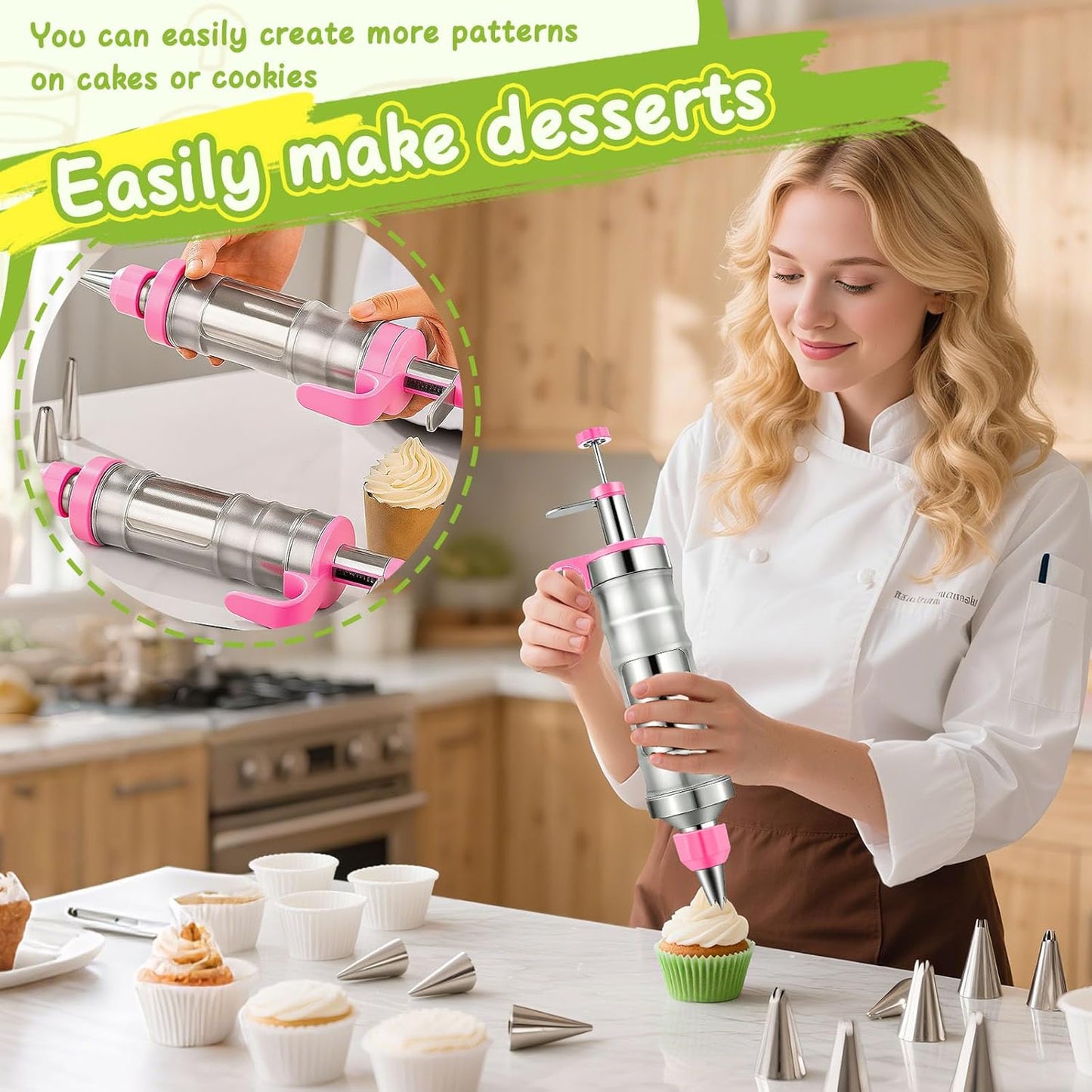 NOVANO Dessert Decorating Syringe Set, Frosting Piping Kit Stainless Steels Cake Decorating Kit with 54 Piping Tips & 9 silicone cupcakes, Cupcake Decorating Kit Piping Bags and Tips Set