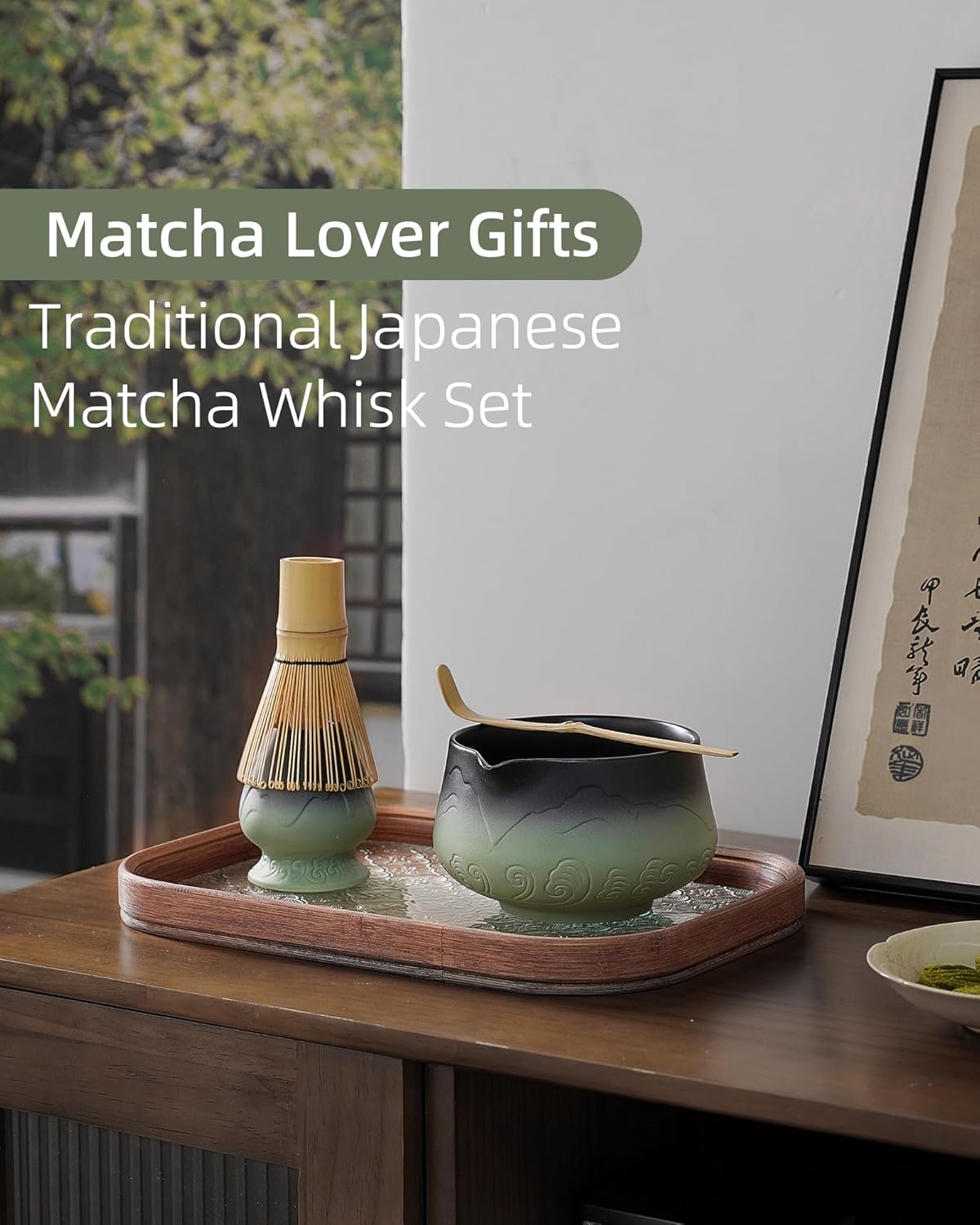 ZENS Matcha Whisk Set, 15oz Ceramic Matcha Set with Bowl and Bamboo Whisk, Scoop, (Chasen Holder) -Tea Towel, 5pcs Matcha Kit for Matcha Lovers, Sage Green
