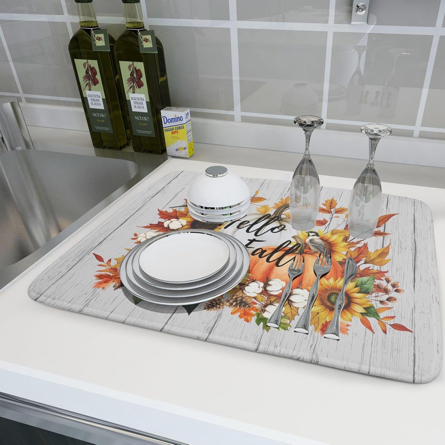 Hello Fall Sunflowers Dish Drying Mat for Kitchen Counter,Autumn Pumpkin Maple Leaves Drying Mat 18 x 24 Inch with High Absorbent Microfiber Dish Drying Drainer Mat for Coffee Bar