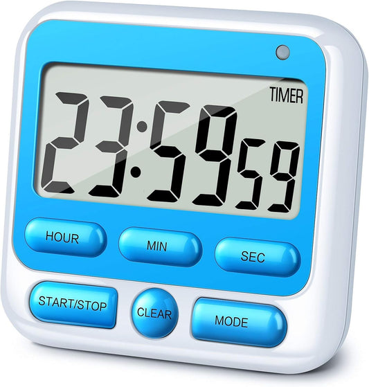 KTKUDY Digital Kitchen Timer with Mute/Loud Alarm Switch ON/Off Switch, 24 Hour Clock & Alarm, Memory Function Count Up & Count Down for Kids Teachers Cooking, Large LCD Display, Strong Magnet (Blue)