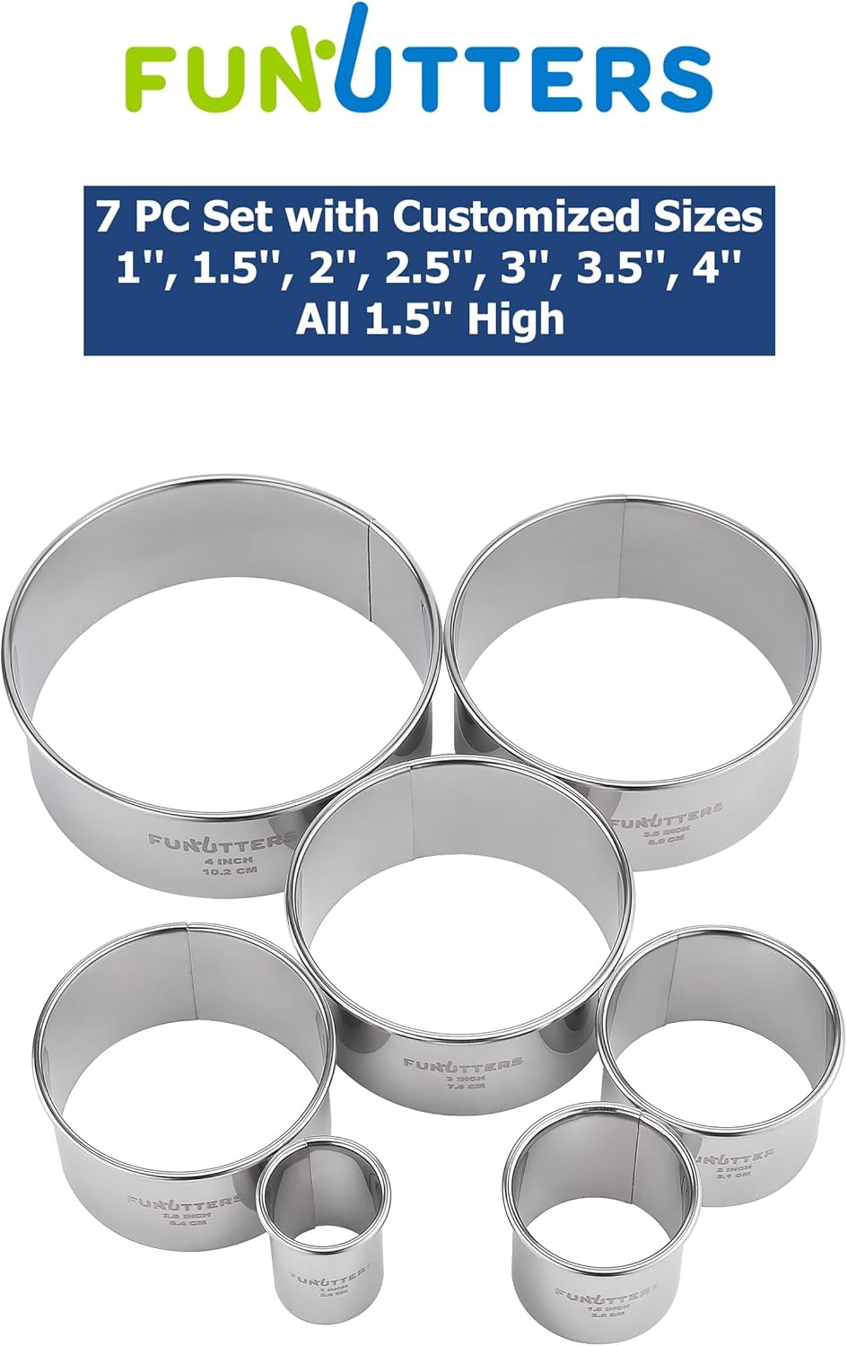 Cookie Cutters Set, 7 Pc. Kit, Measuring 1'', 1.5'', 2'', 2.5'', 3'', 3.5'', and 4'', Round Metal Baking Rings for Pastry, Biscuits, and Dough Cutting, Heavy Duty and Reusable, Multiple Sizes