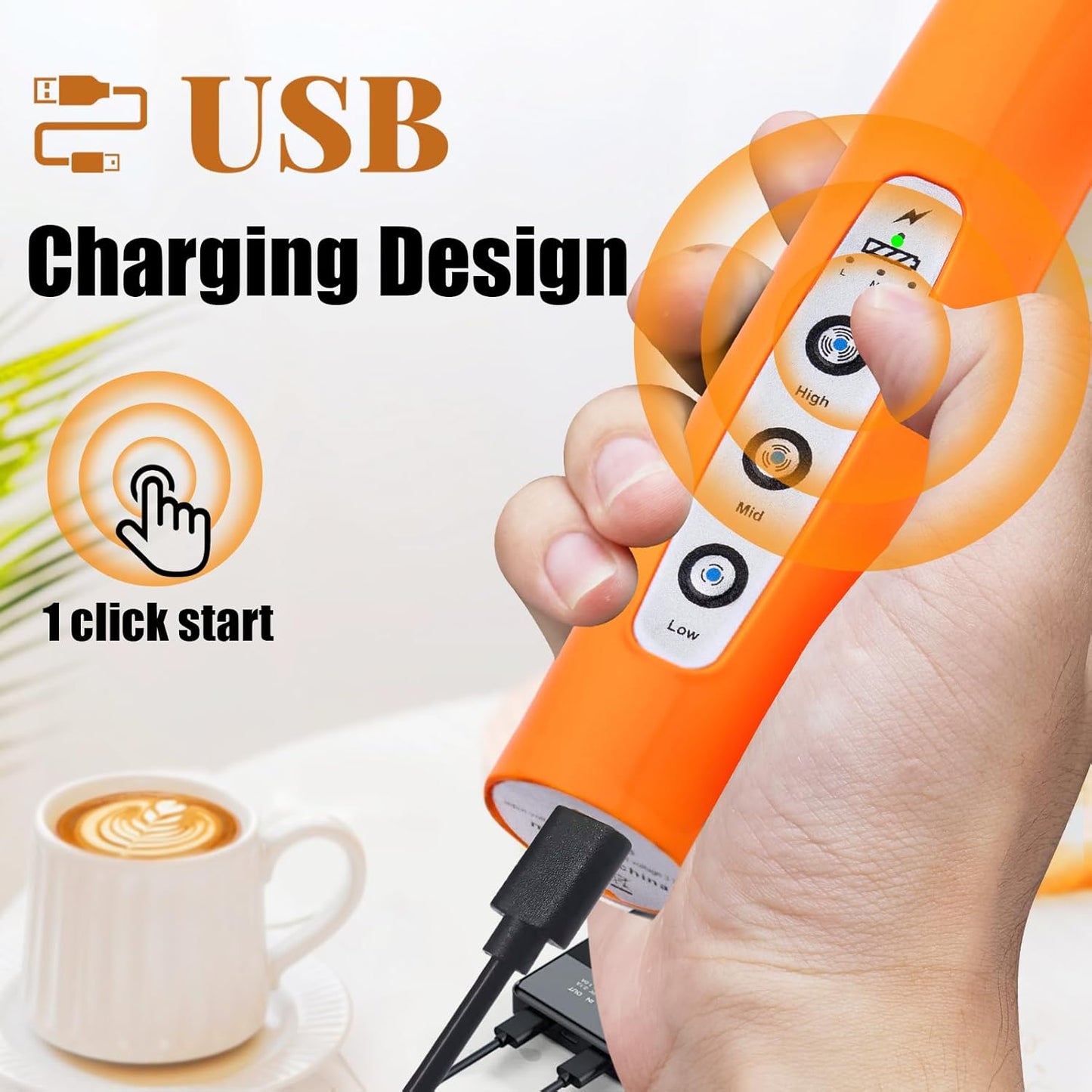 Nahida Orange Milk Frother Wand for Coffee, Frother Handheld Rechargeable Electric Whisk with 3 Heads 3 Speeds Drink Mixer Coffee Frother Foam Maker For Latte, Cappuccino, Hot Chocolate, Egg