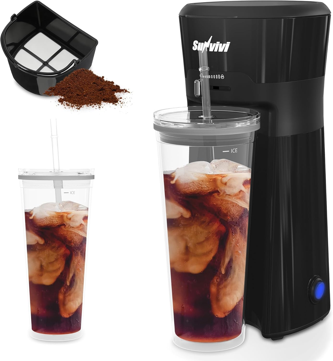 SUNVIVI 20 Oz Iced Coffee Maker for Ground Coffee, Cold Brew Tea Maker with Reusable Coffee Filter and Insulated Pitcher, Single Serve Machine for Home, Strength Control for Flavor, Black